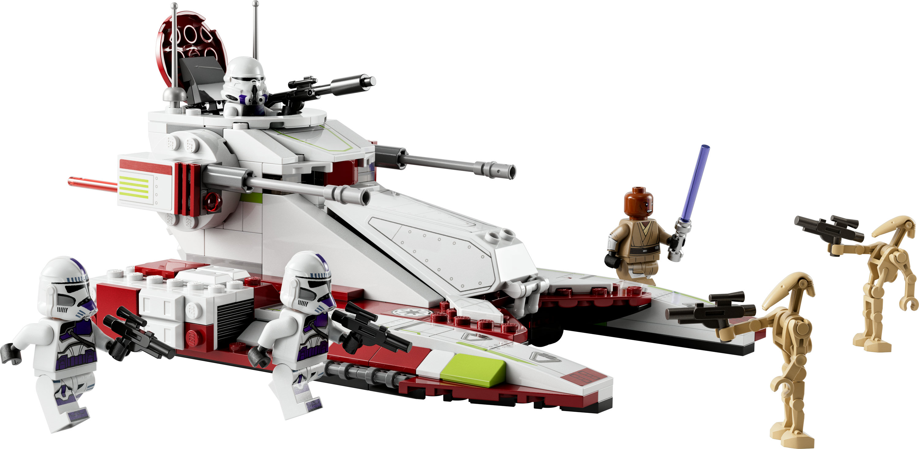 Zestaw Lego Star Wars z białym i czerwonym pojazdem oraz minifigurkami żołnierzy i Jedi.