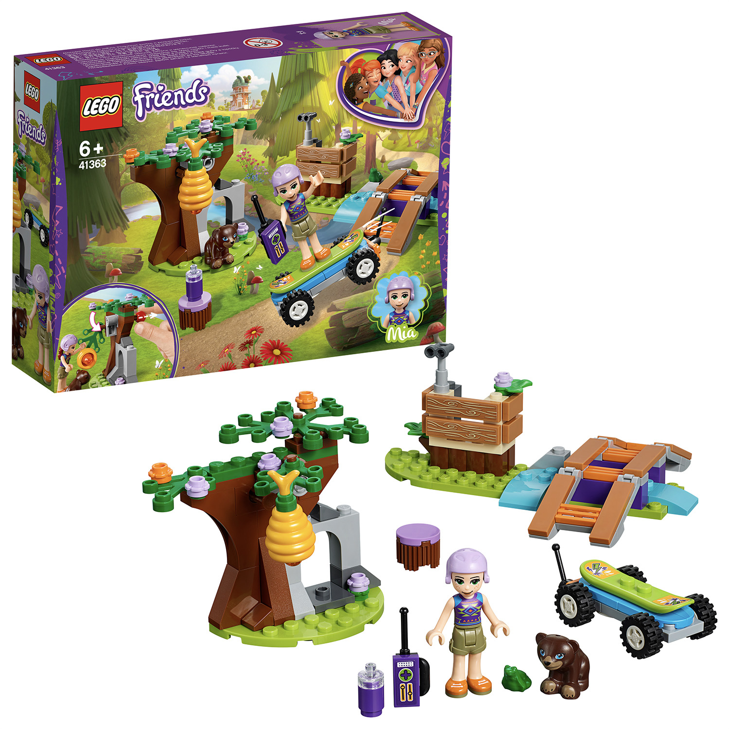 Lego Friends Box-Set mit Figuren, einer Holzbrücke und einem Bären.