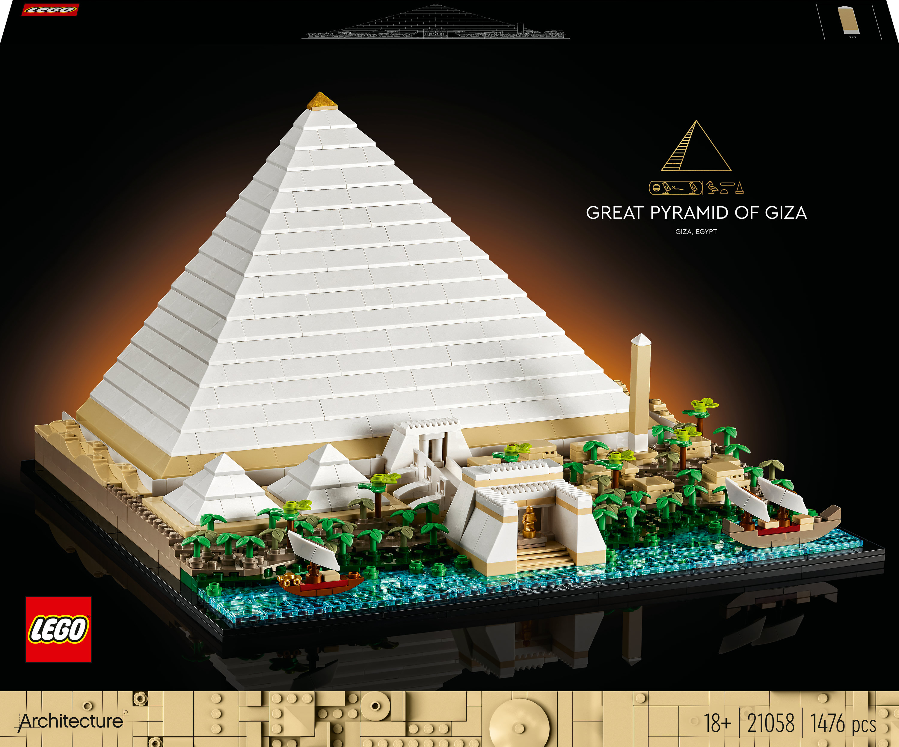 Lego Architecture Große Pyramide von Gizeh mit Pyramide, Bäumen und Booten auf schwarzem Hintergrund.