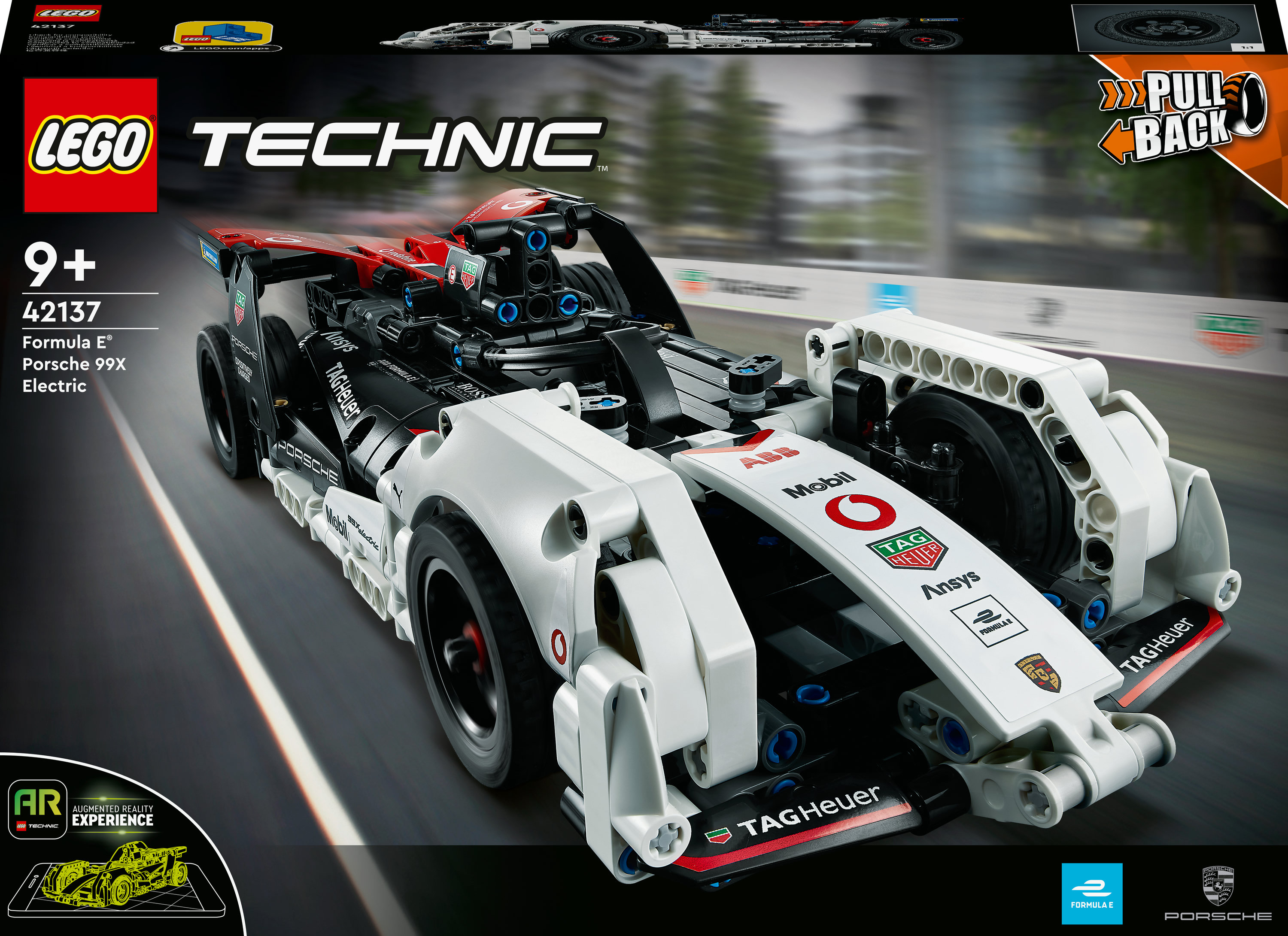 Lego Technic Auto-Box mit einem weißen und roten Rennwagen. Text: Formula E Porsche 99x.