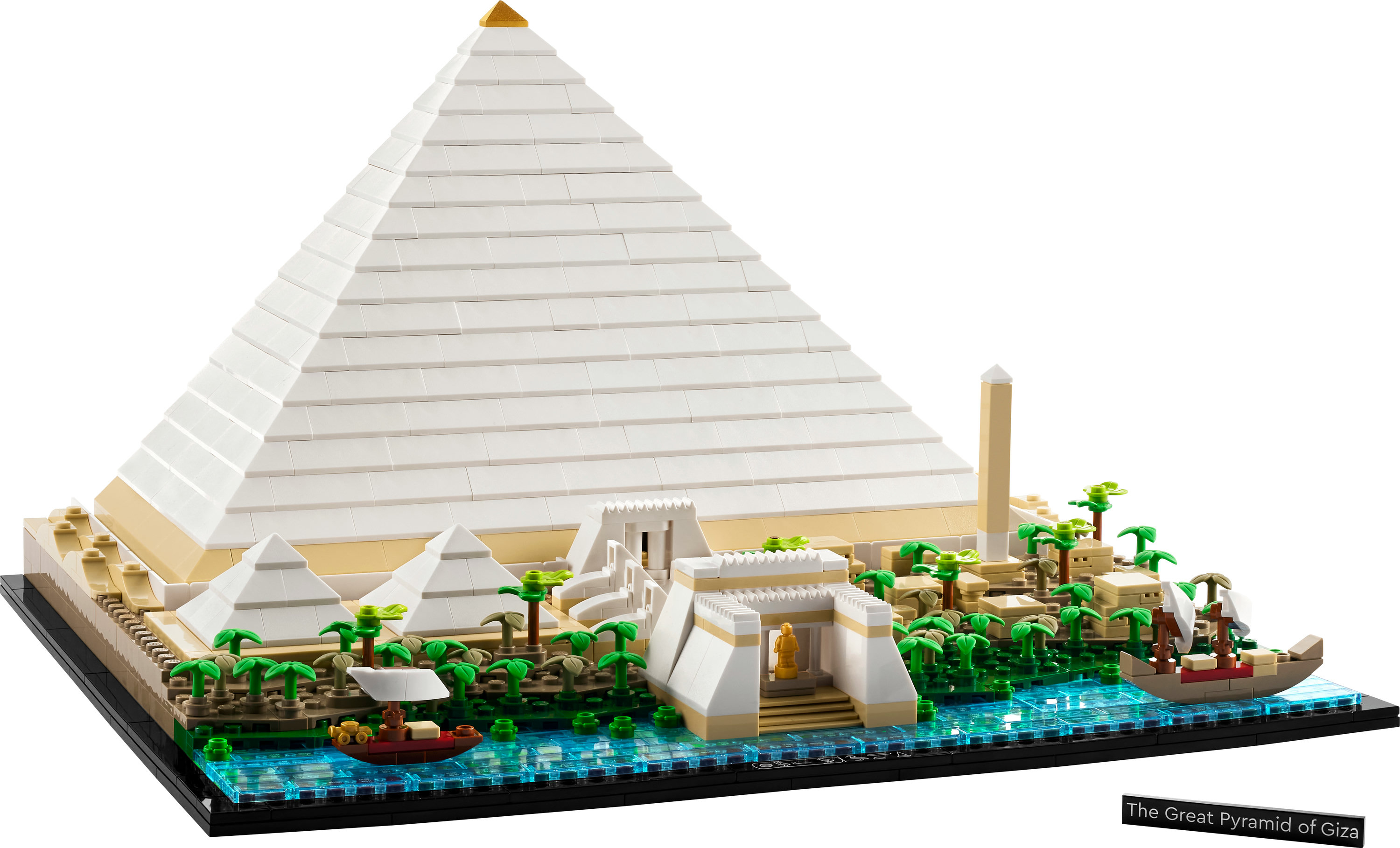 Lego-Set Große Pyramide von Gizeh, mit Pyramide, Tempel, Boot, Palmen und Wasser.
