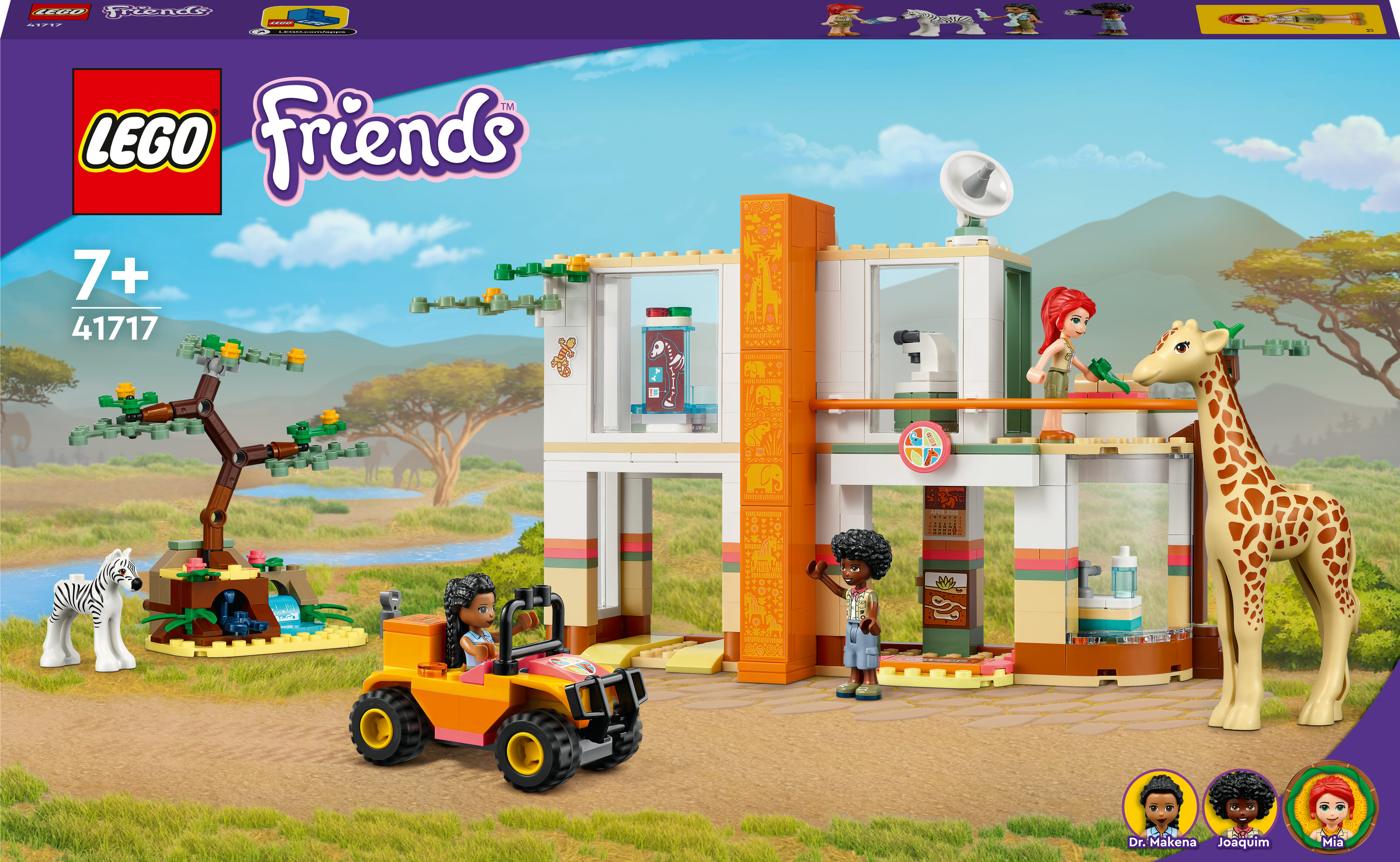 Lego Friends-Set zeigt eine Tierklinik mit Giraffe, Zebra und Jeep.