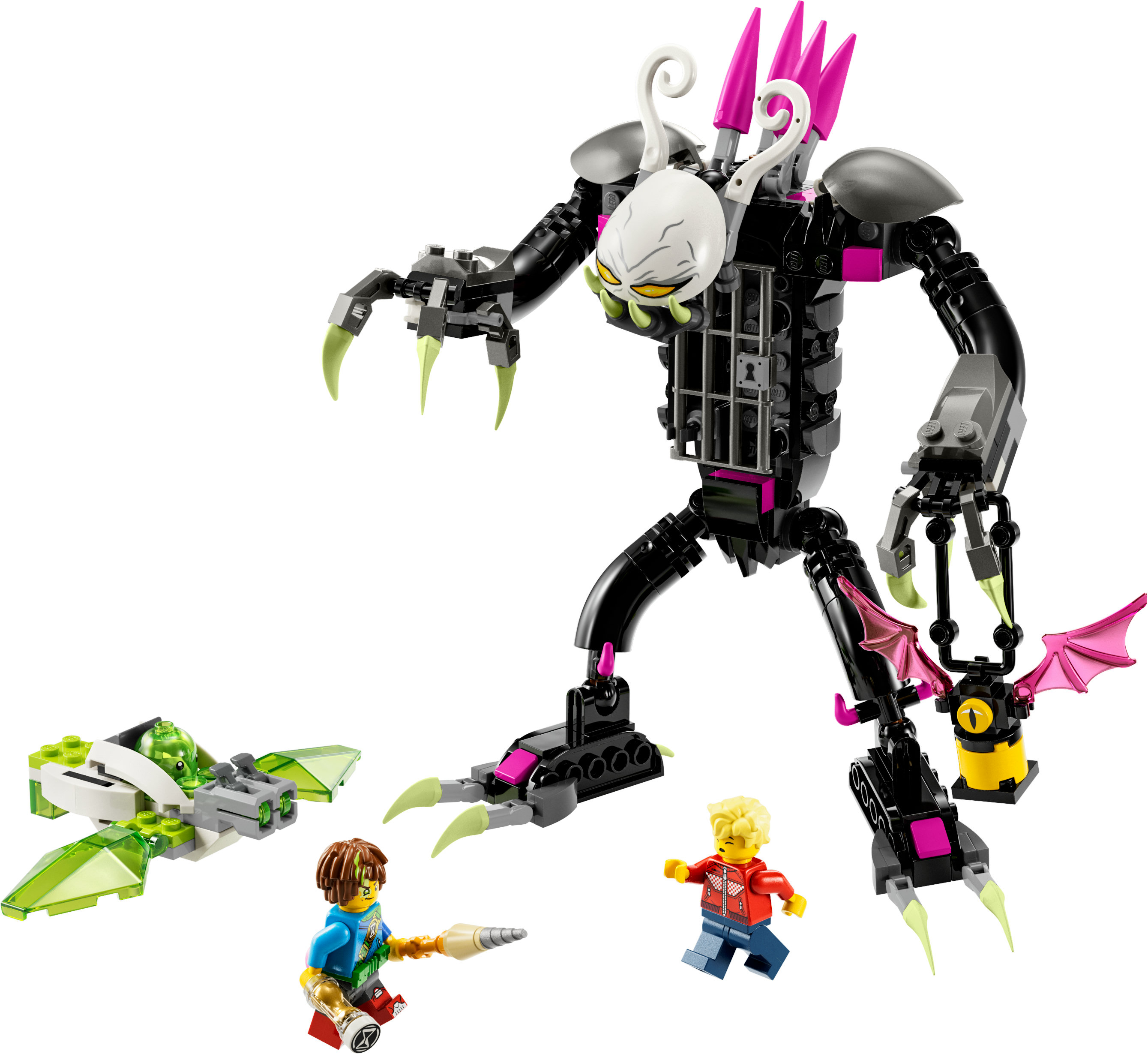 Lego Hidden Side Set. Eine große Monsterfigur mit kleineren Figuren und einem grünen Fahrzeug.