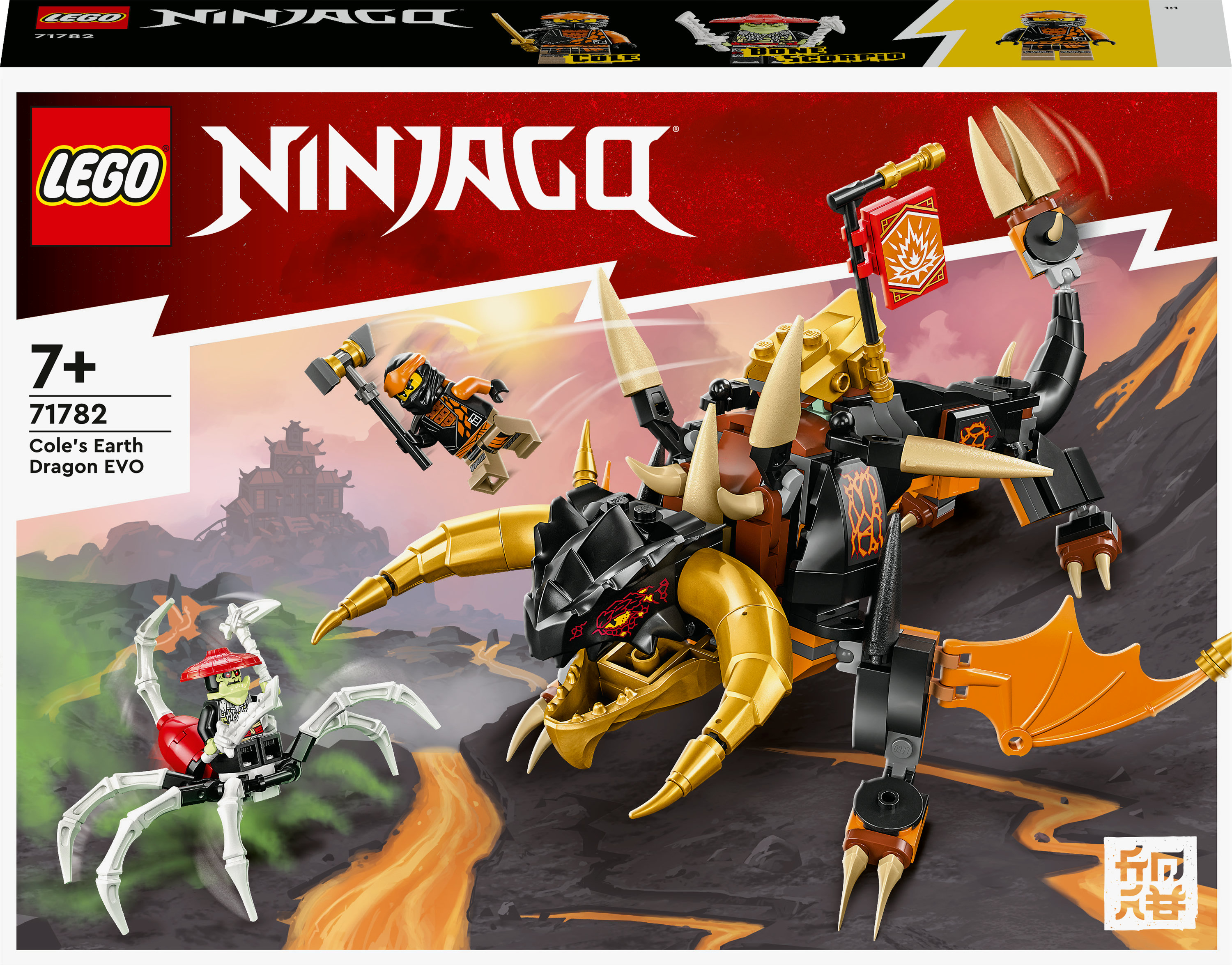 Een Lego Ninjago-doos met een draak, figuren en een gedetailleerd landschap.