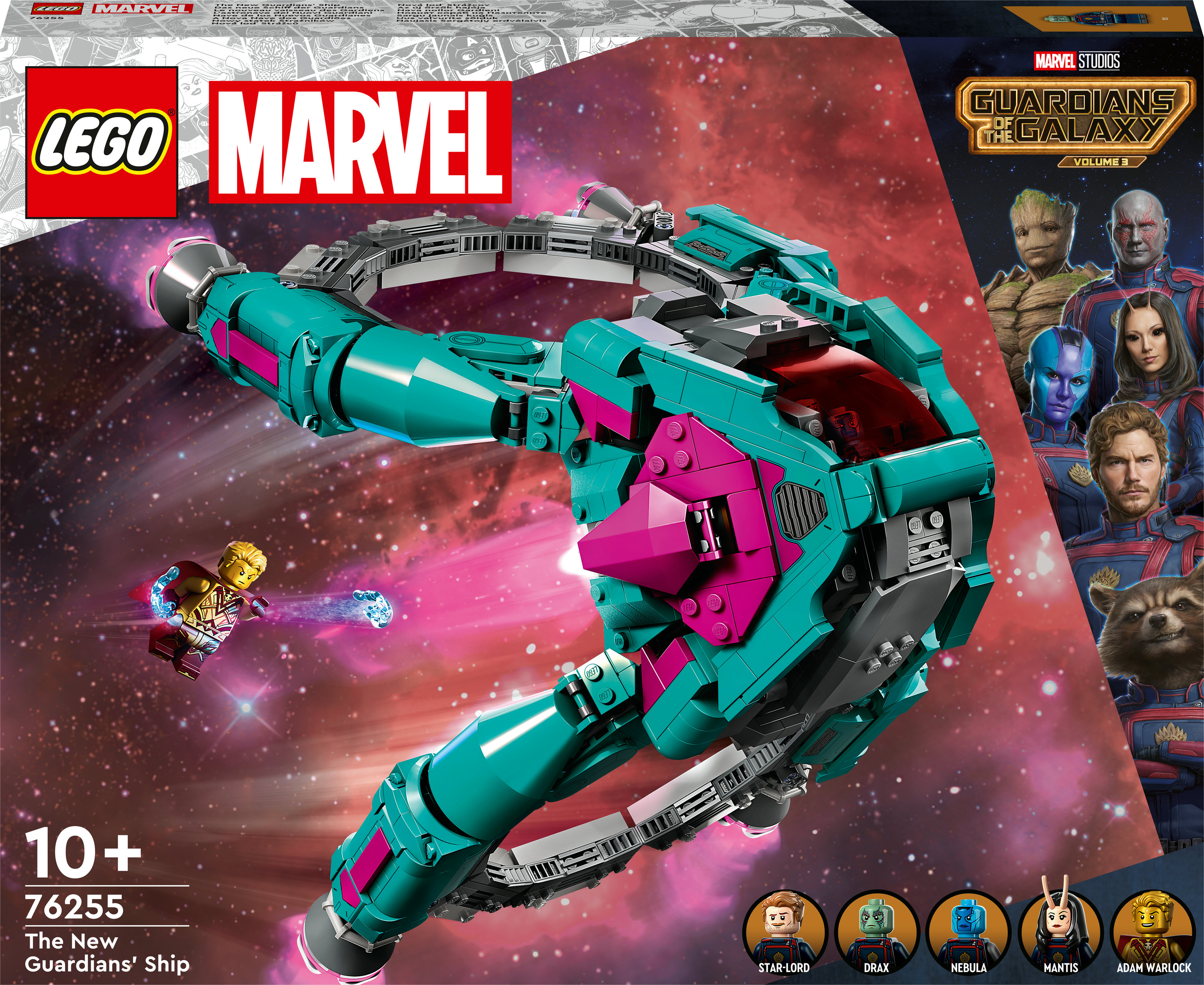 Pudełko zestawu Lego Marvel. Zawiera statek kosmiczny, postacie i logo Marvela.