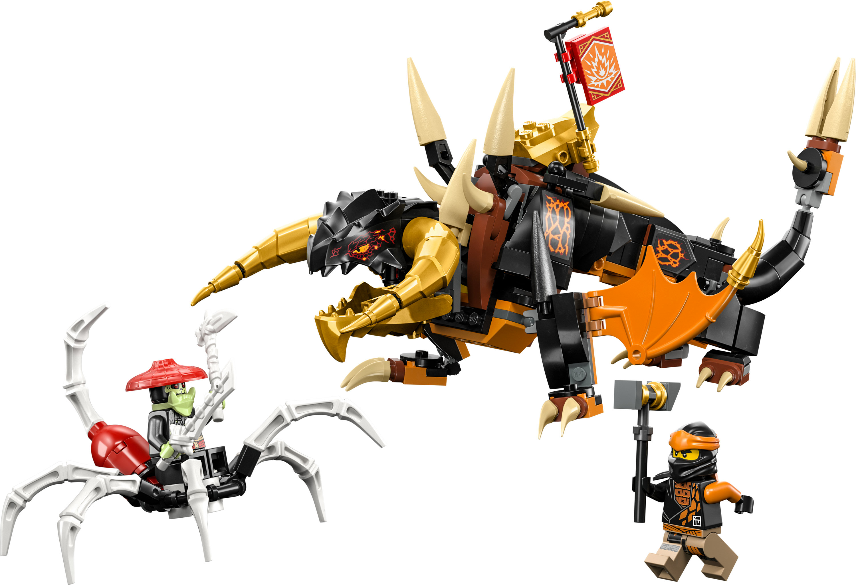 Lego Ninjago set met twee figuren, een draak en een spinnenachtig figuur, tegen een witte achtergrond.