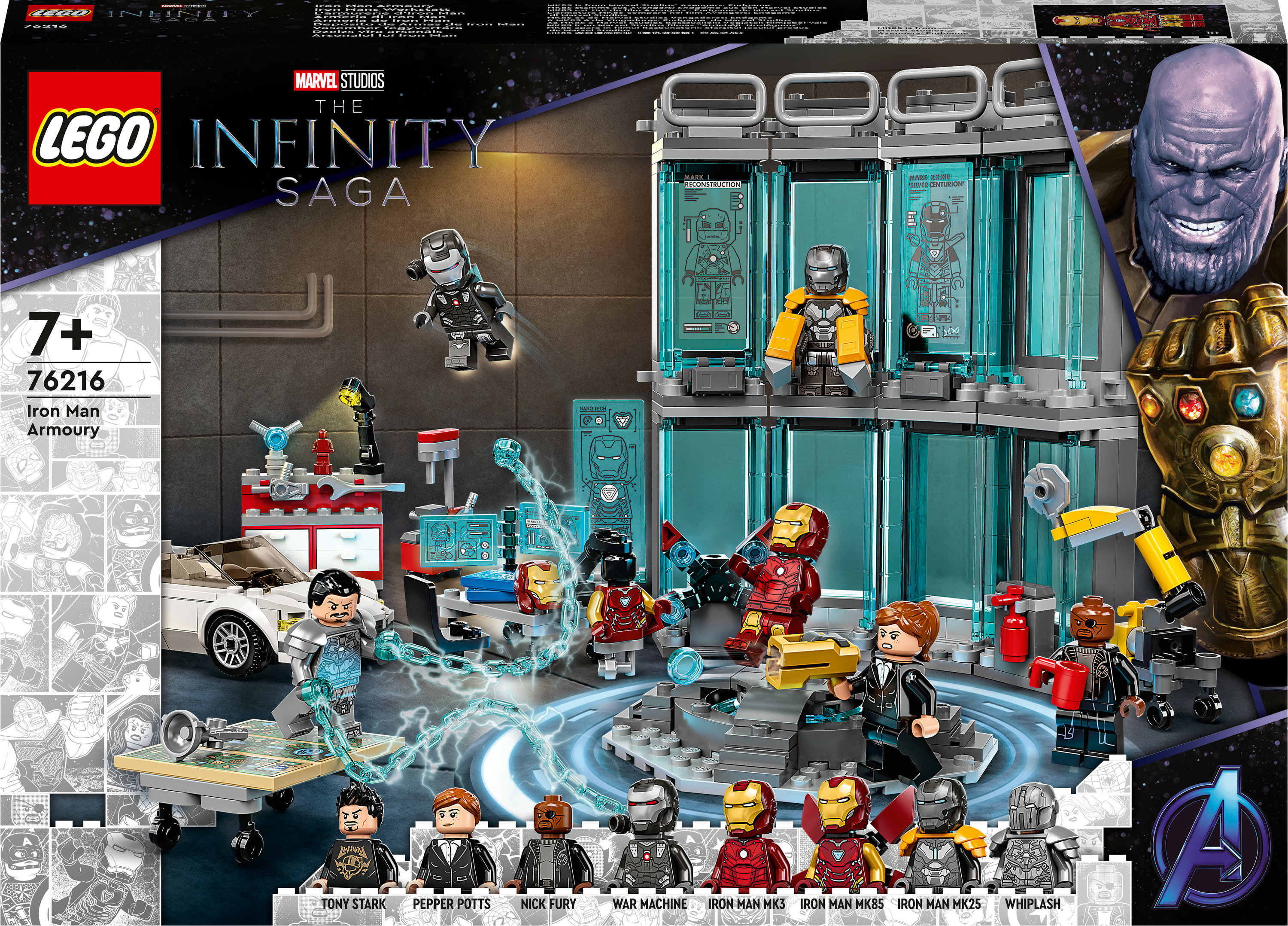 Caja del set LEGO Marvel Iron Man Armoury con figuras de Iron Man, Thanos y una escena de laboratorio detallada.