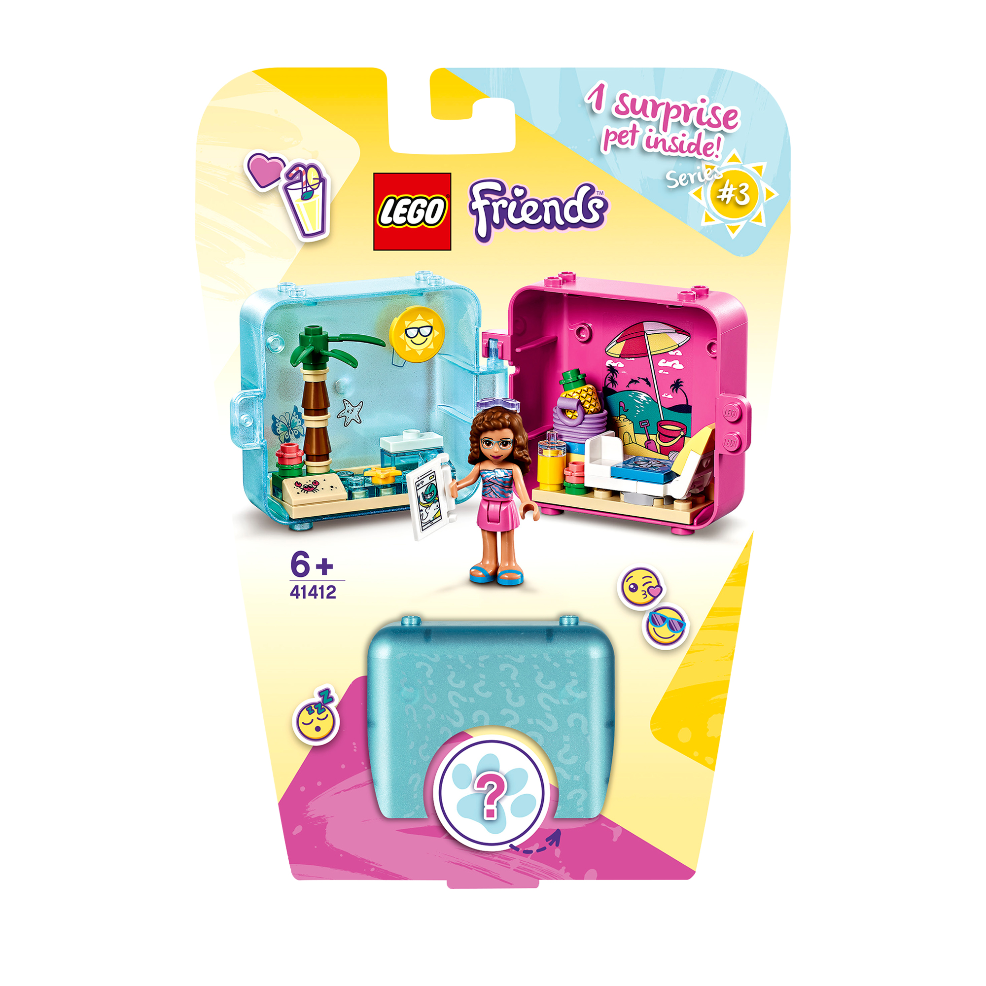 Otwarta skrzynka zestawu Lego Friends, pokazująca figurkę dziewczynki i dwie sceny plażowe.