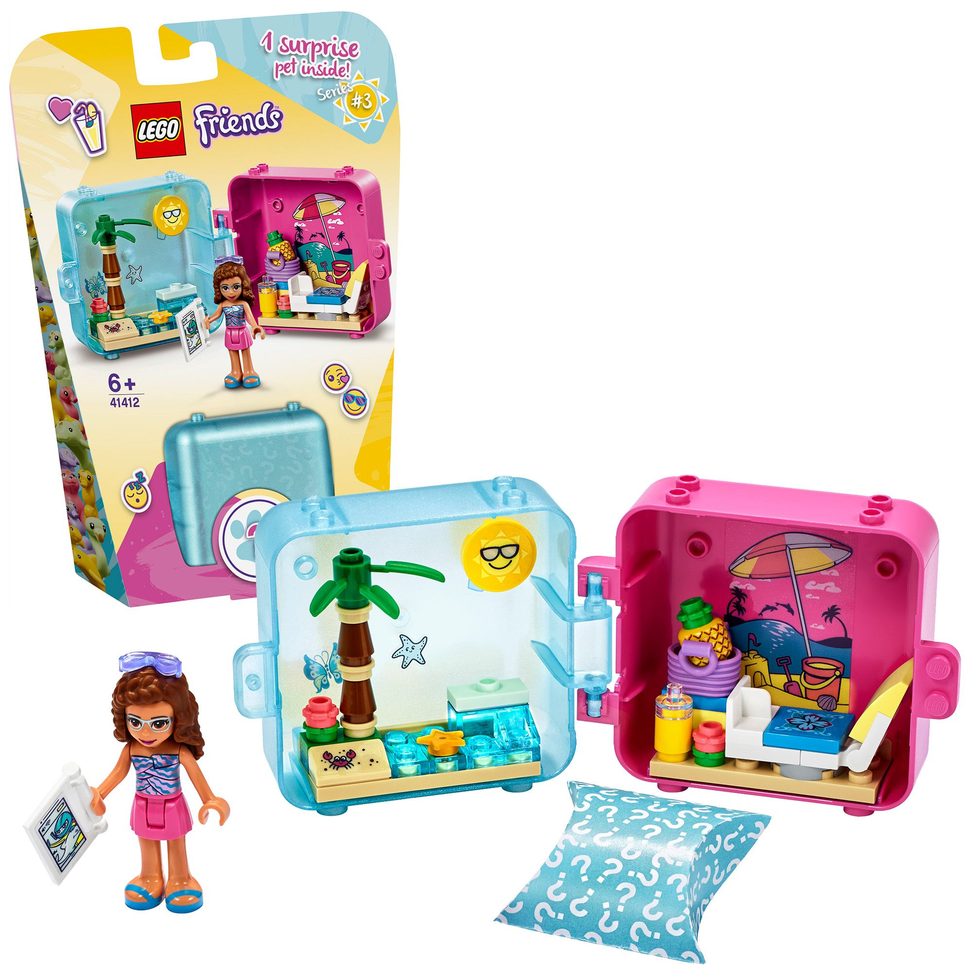 Zestaw LEGO Friends z dwoma otwartymi pudełkami, figurką i torebką. Pudełka są niebieskie i różowe.