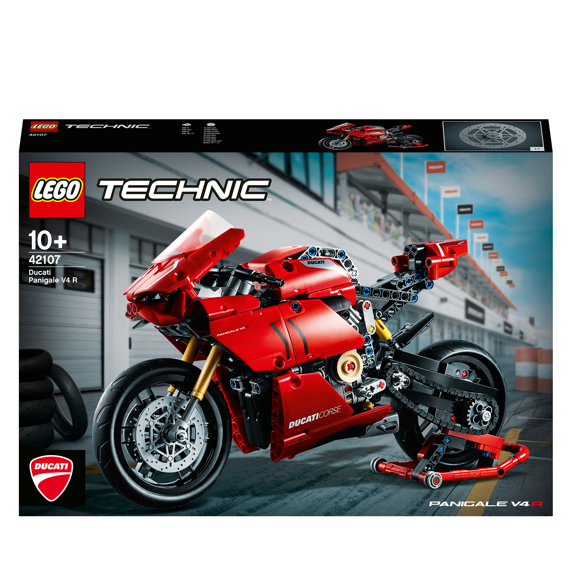 Pudełko Lego Technic przedstawia czerwony motocykl Ducati z czarną ramą na rozmytym tle.