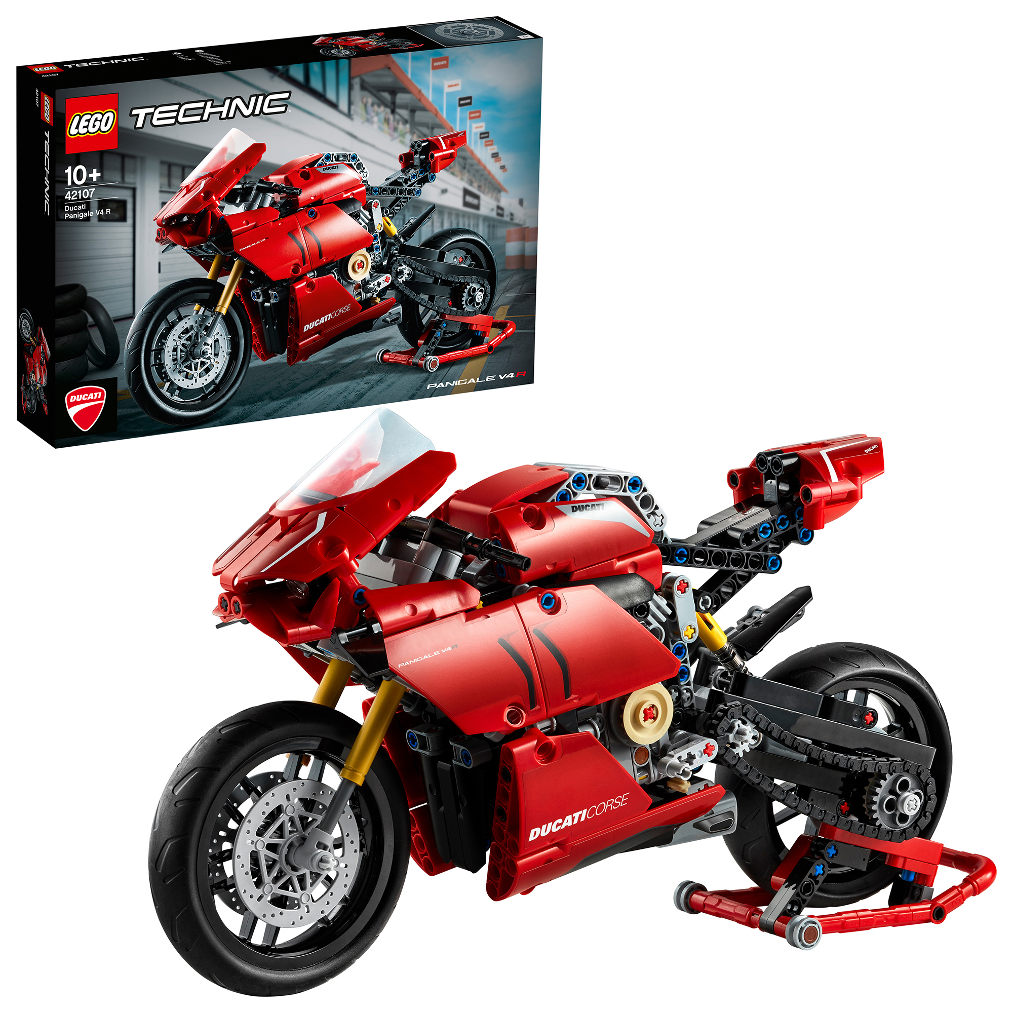 Czerwony zestaw LEGO Technic Ducati, z pudełkiem w lewym górnym rogu.
