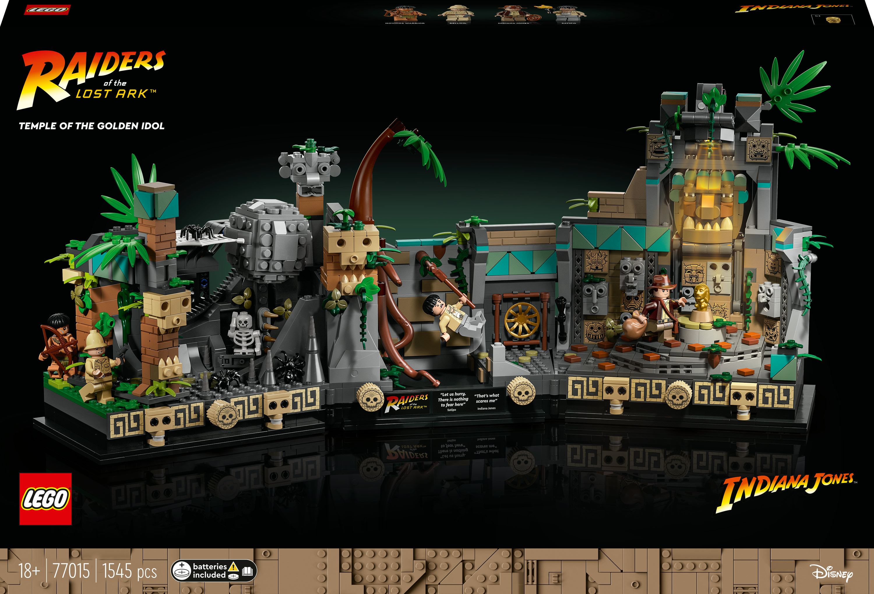Lego-Set zeigt Indiana Jones-Szene mit Tempelruinen, Figuren und einem goldenen Idol.