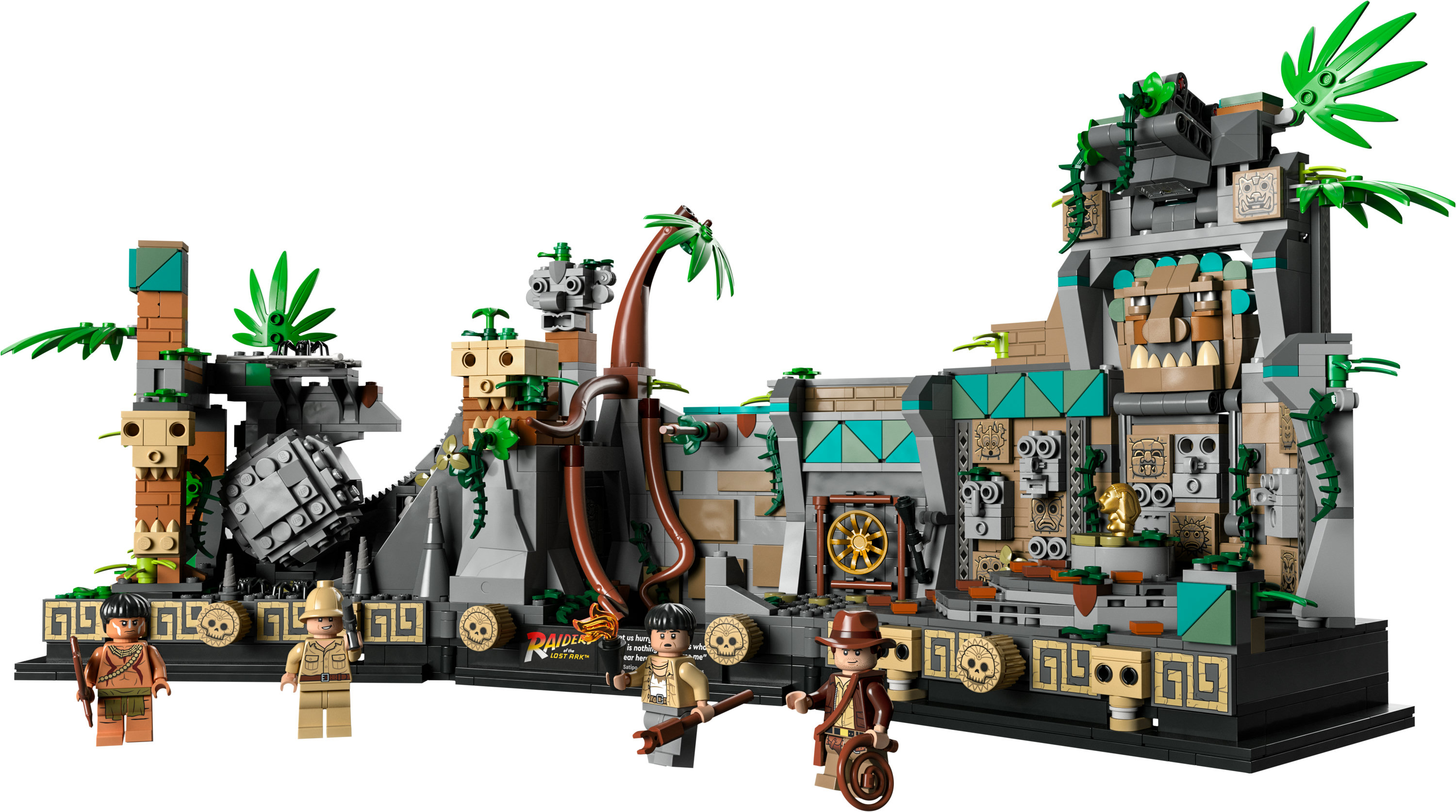 Lego Indiana Jones Set. Es zeigt eine Tempelszene mit Figuren von Indiana Jones und anderen Charakteren.
