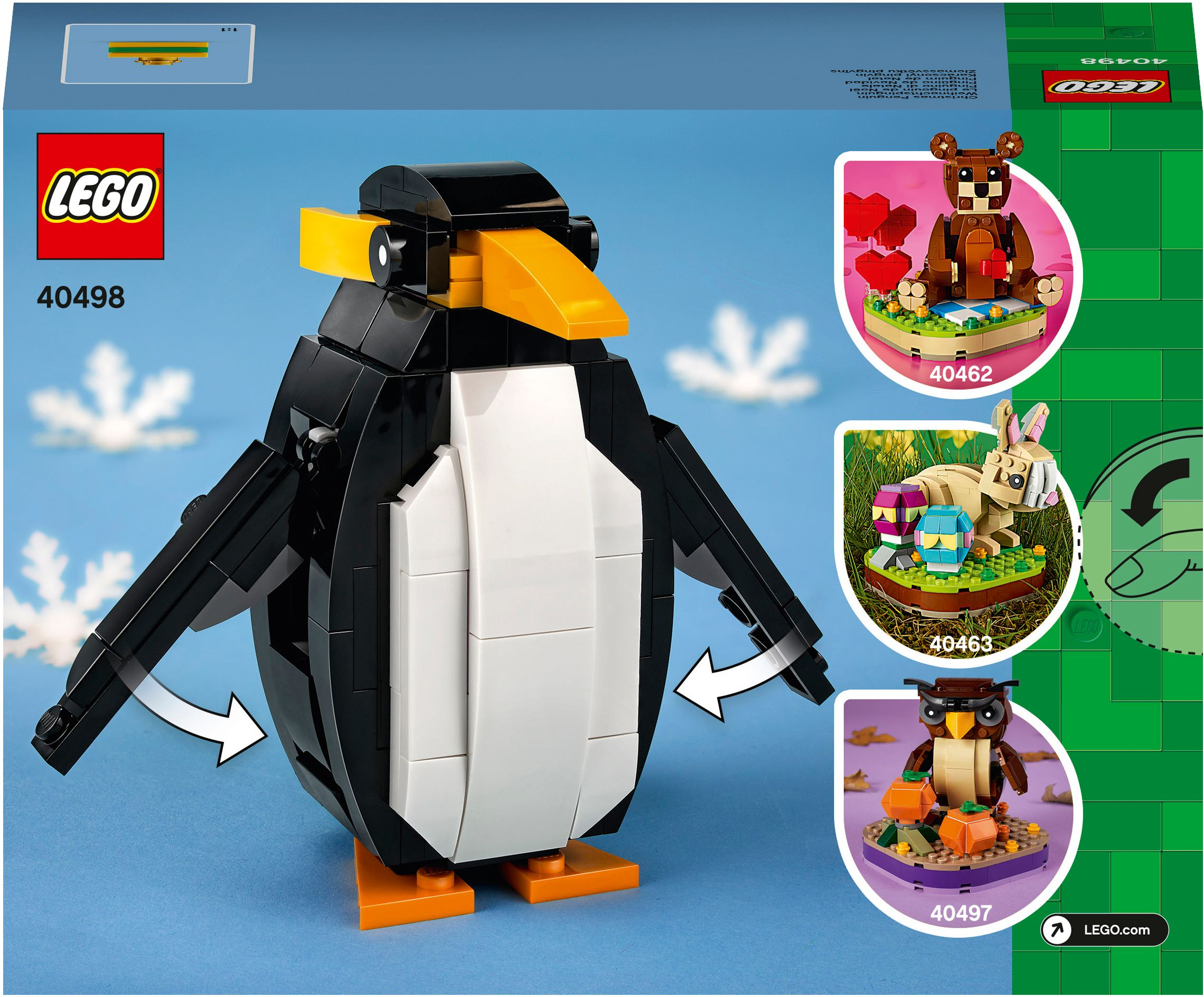 LEGO Pinguin Modell aus Blöcken, zusammen mit anderen LEGO Modellen einer Eule, eines Bären und eines Kaninchens auf blauem Hintergrund.