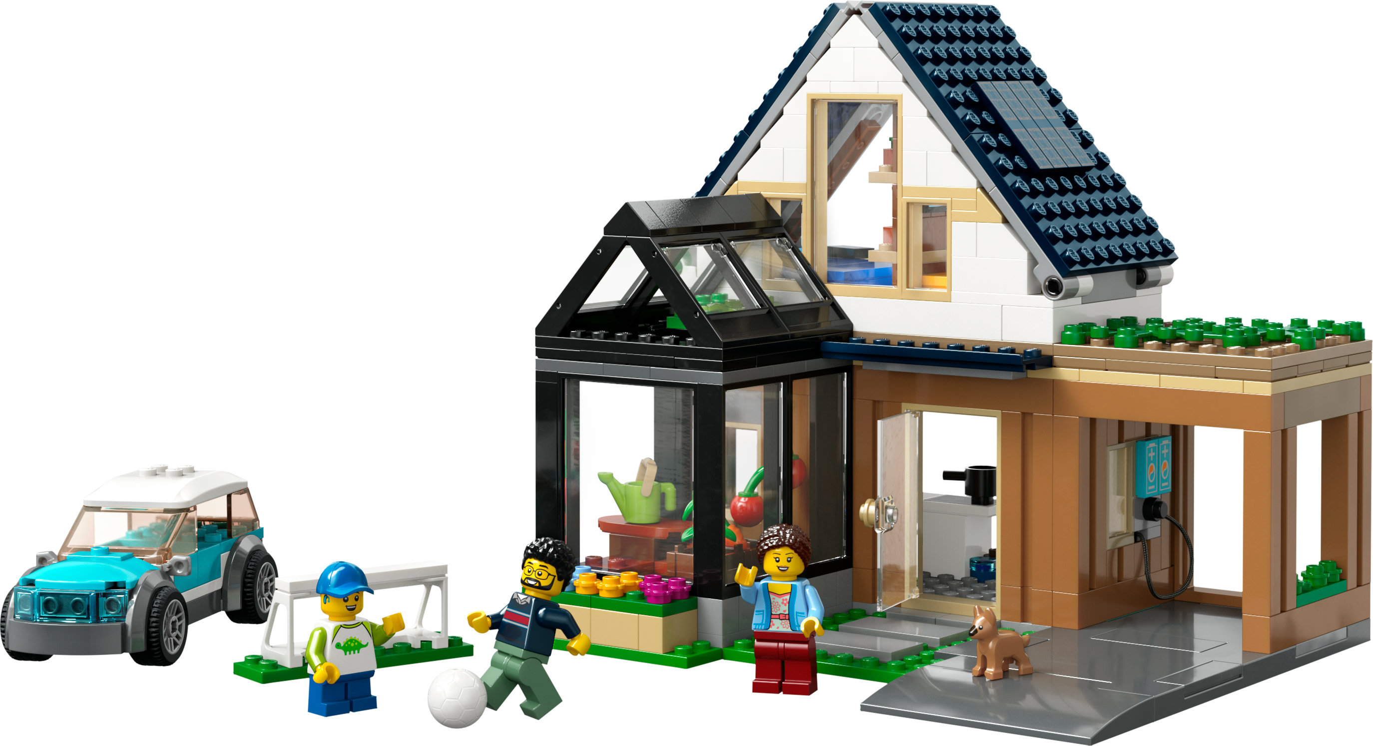 Lego-Haus mit Auto, Personen und Hund davor. Grünes Gras und blauer Himmel.