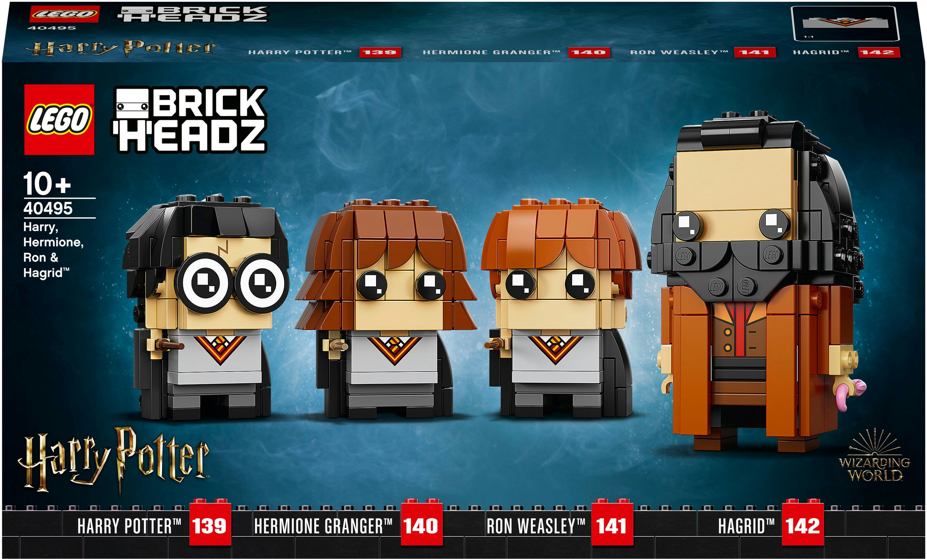 LEGO BrickHeadz Set-Box mit Harry Potter-Charakteren: Harry, Hermine, Ron und Hagrid.