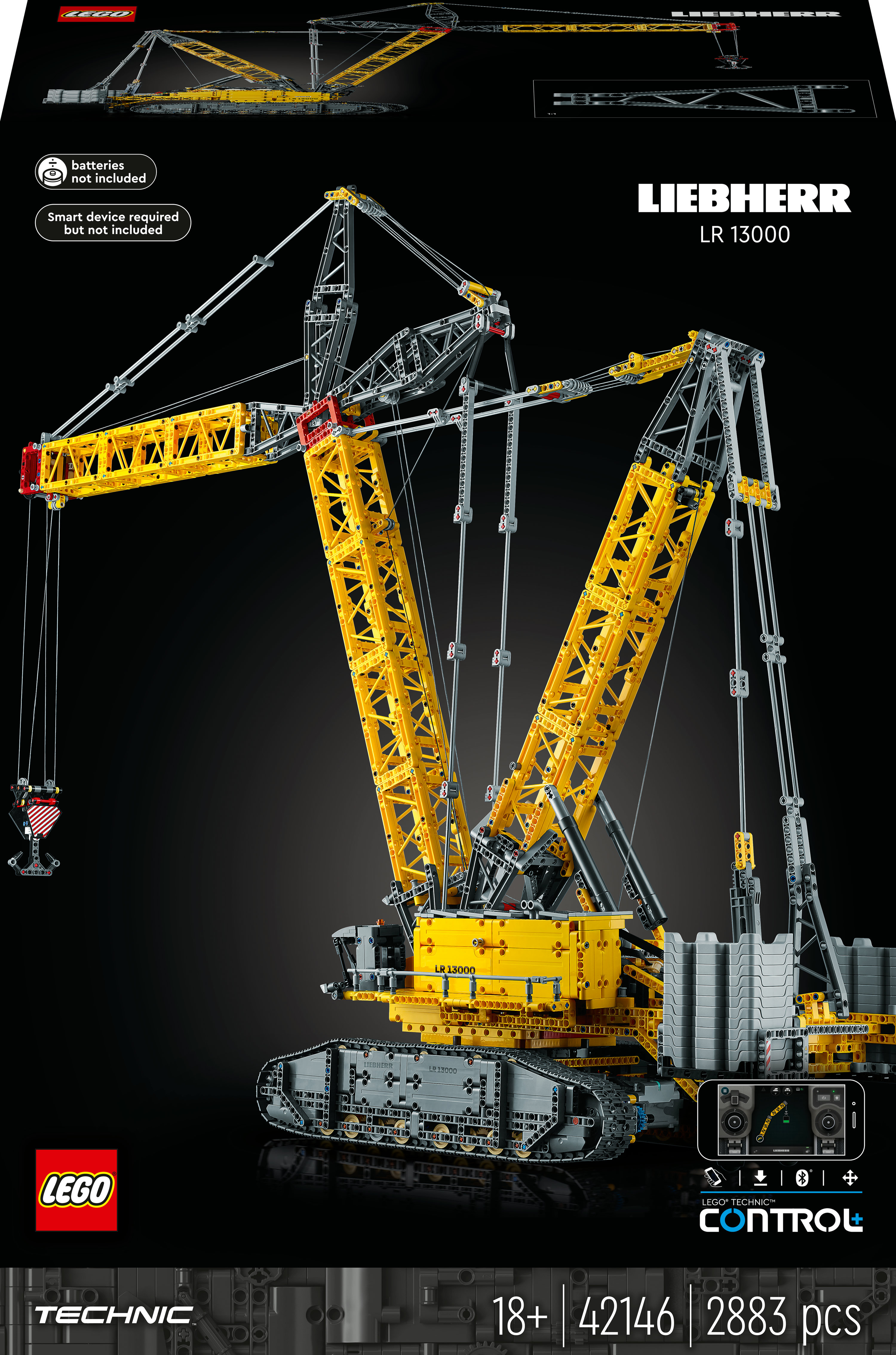 Pudełko zestawu Lego Technic, pokazujące duży żółty dźwig na czarnym tle.