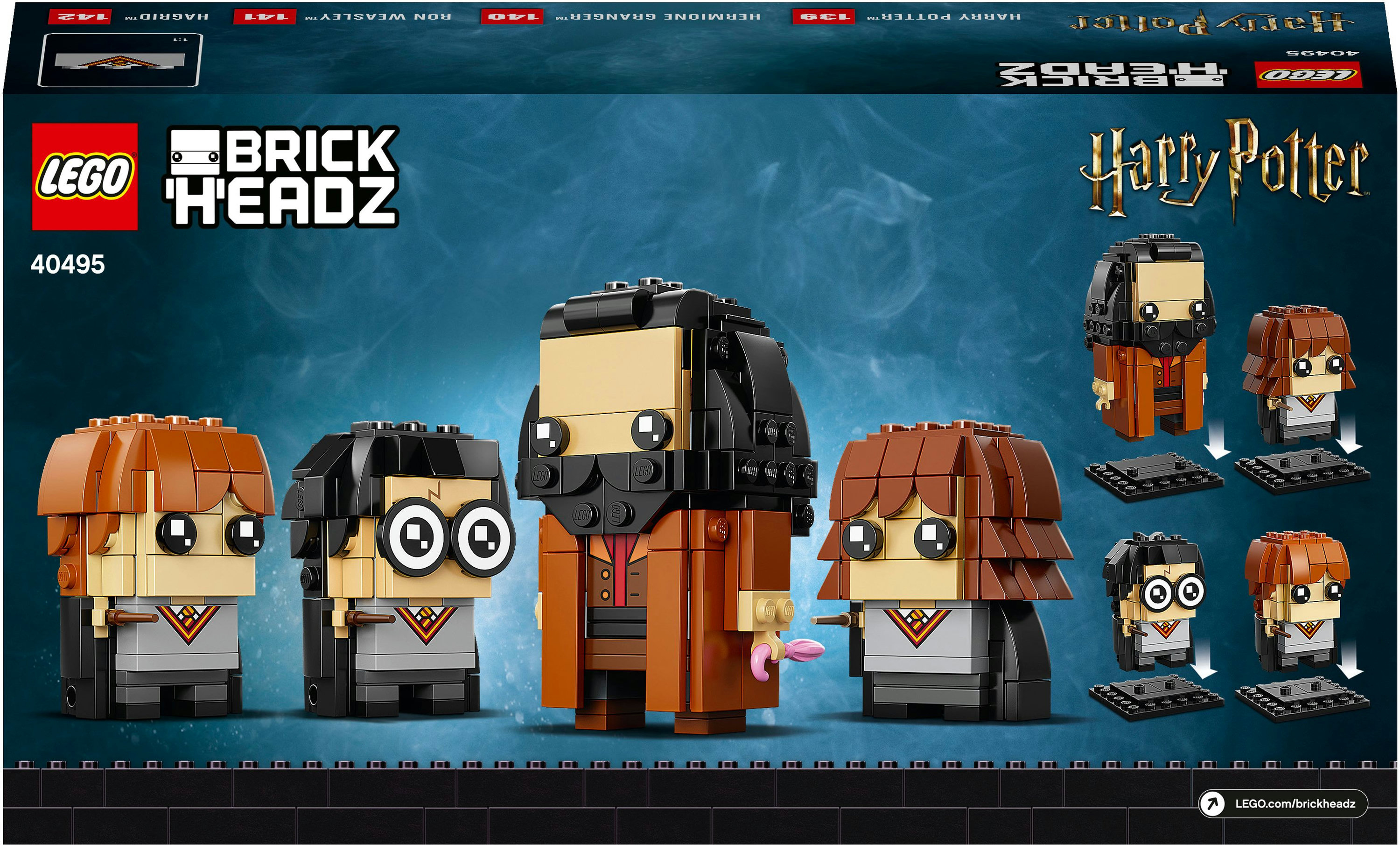 LEGO BrickHeadz Harry Potter Set mit Harry, Ron, Hermine und Dumbledore auf blauem Hintergrund.