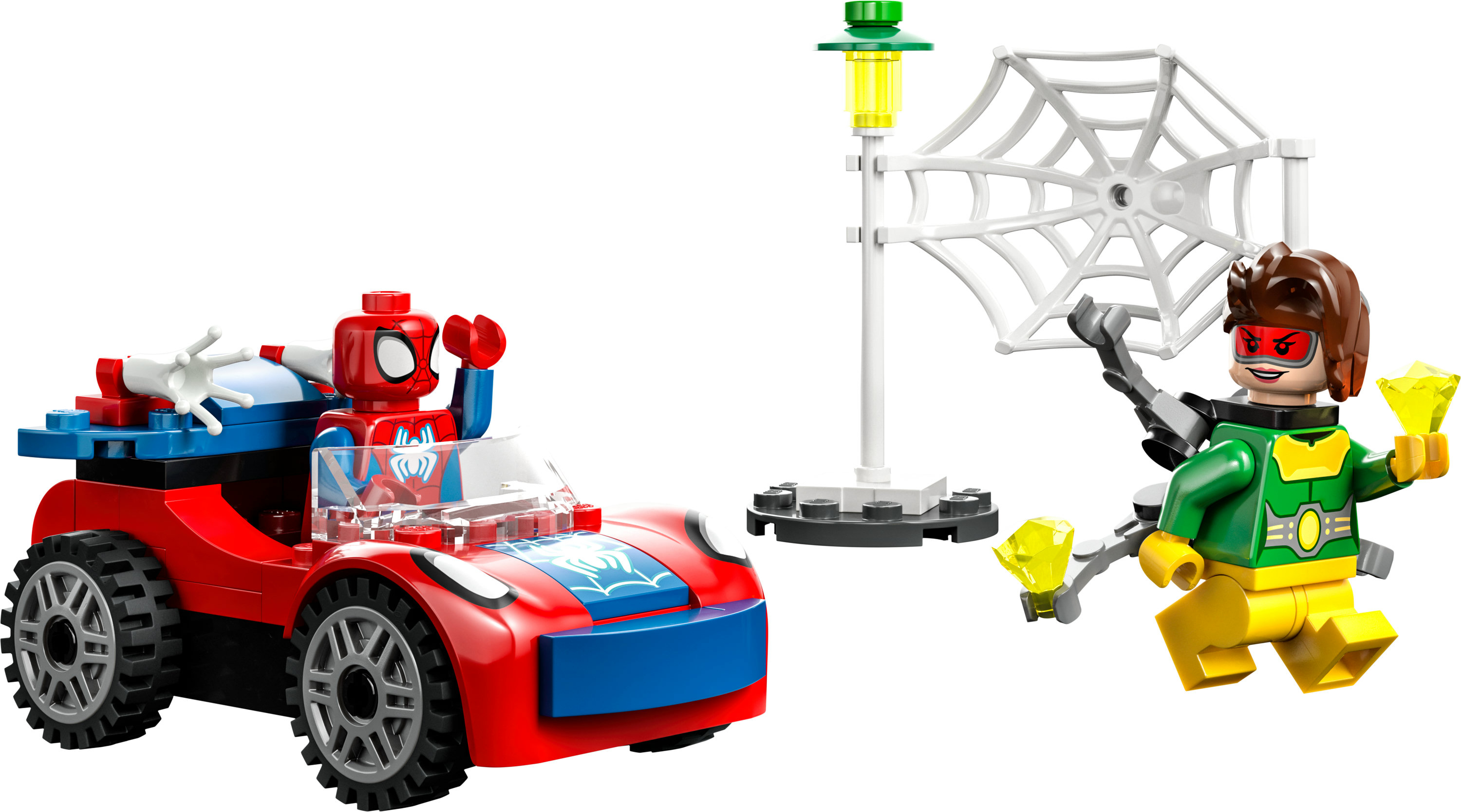 LEGO Spider-Man Set, ein rotes Auto, Spider-Man Figur und ein grün-gelber Bösewicht.