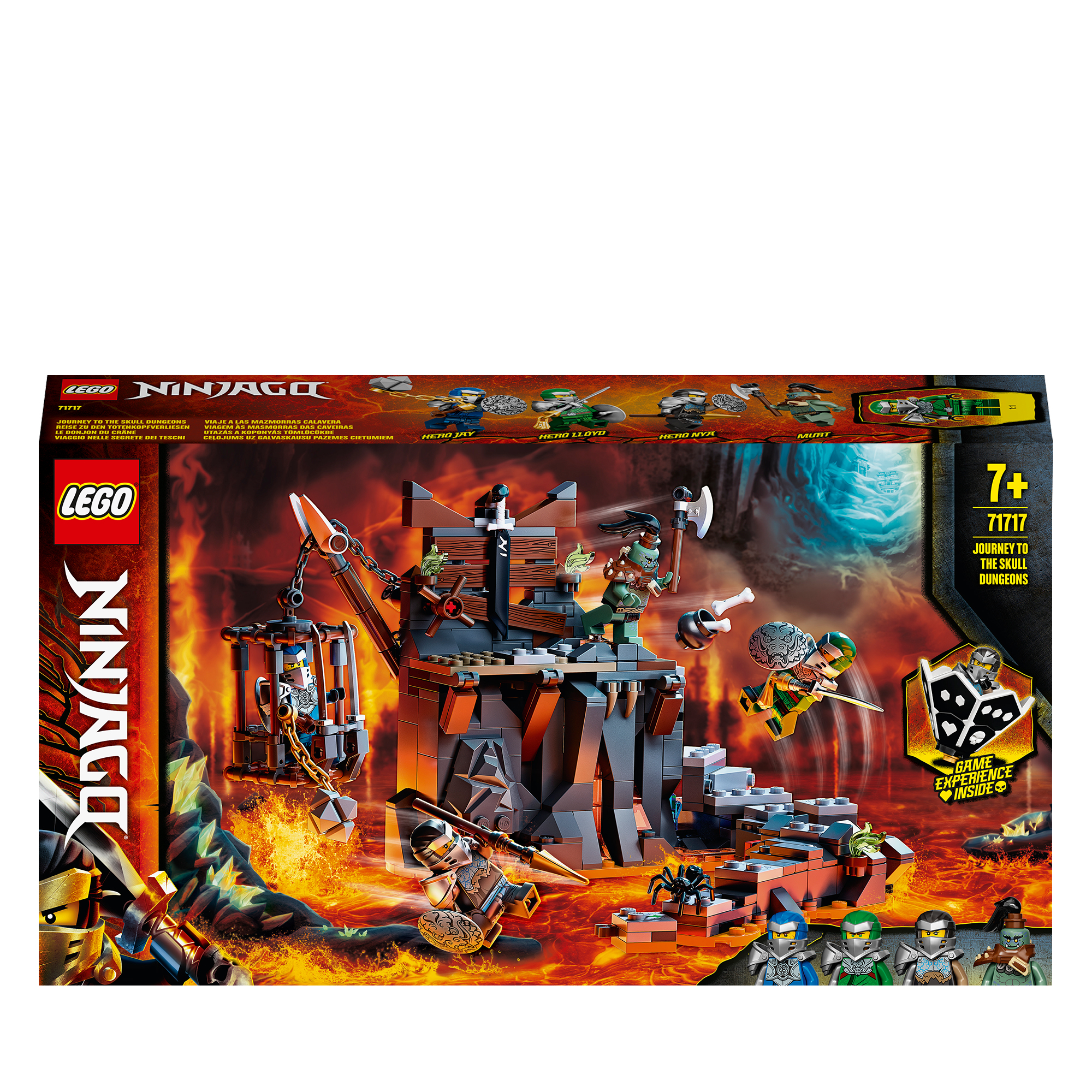 Lego Ninjago Set-Box mit Figuren und einer felsigen, lava-gefüllten Szene mit einem Käfig.