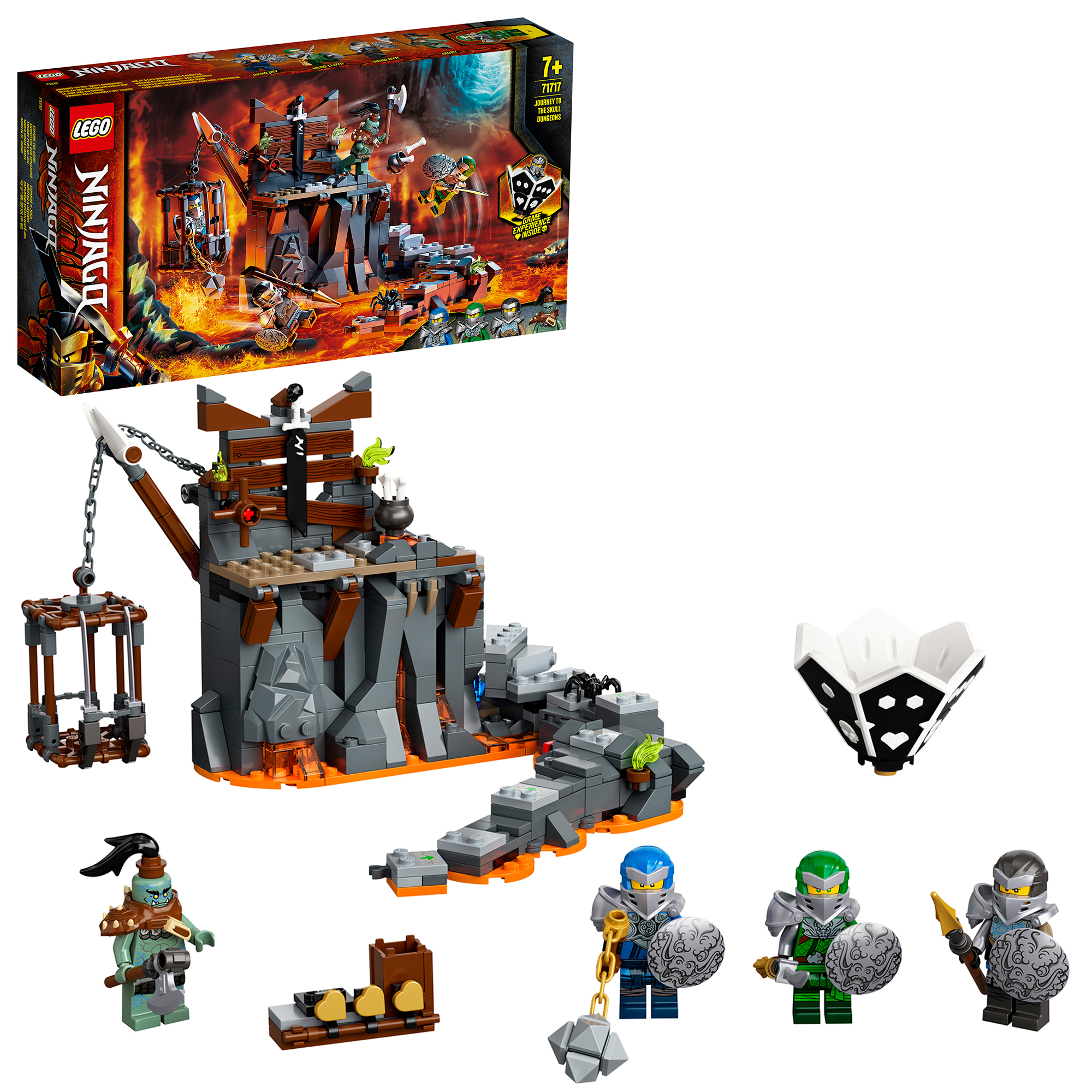 Ein Lego Ninjago Set Karton mit Gefängnis, Figuren und einer lava-gefüllten Szene.