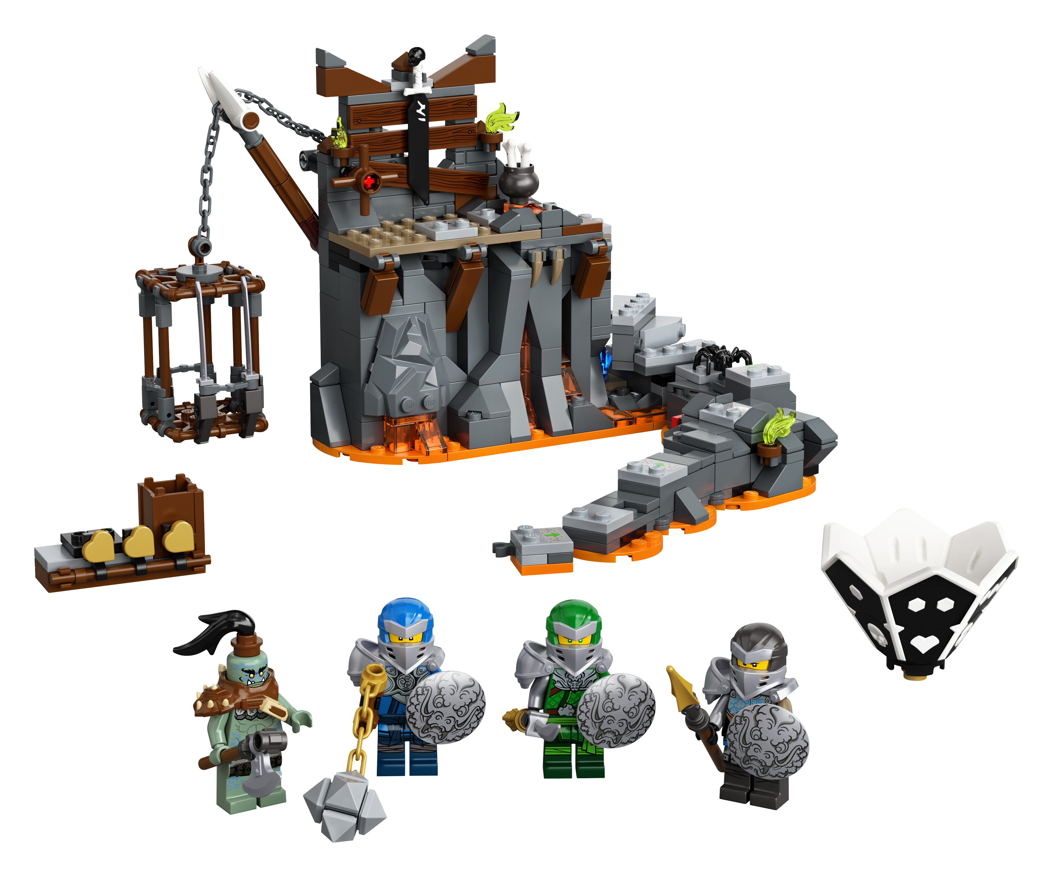 Lego-Set, das eine Burg mit Figuren, einem Käfig und einer Zugbrücke über Lava zeigt.
