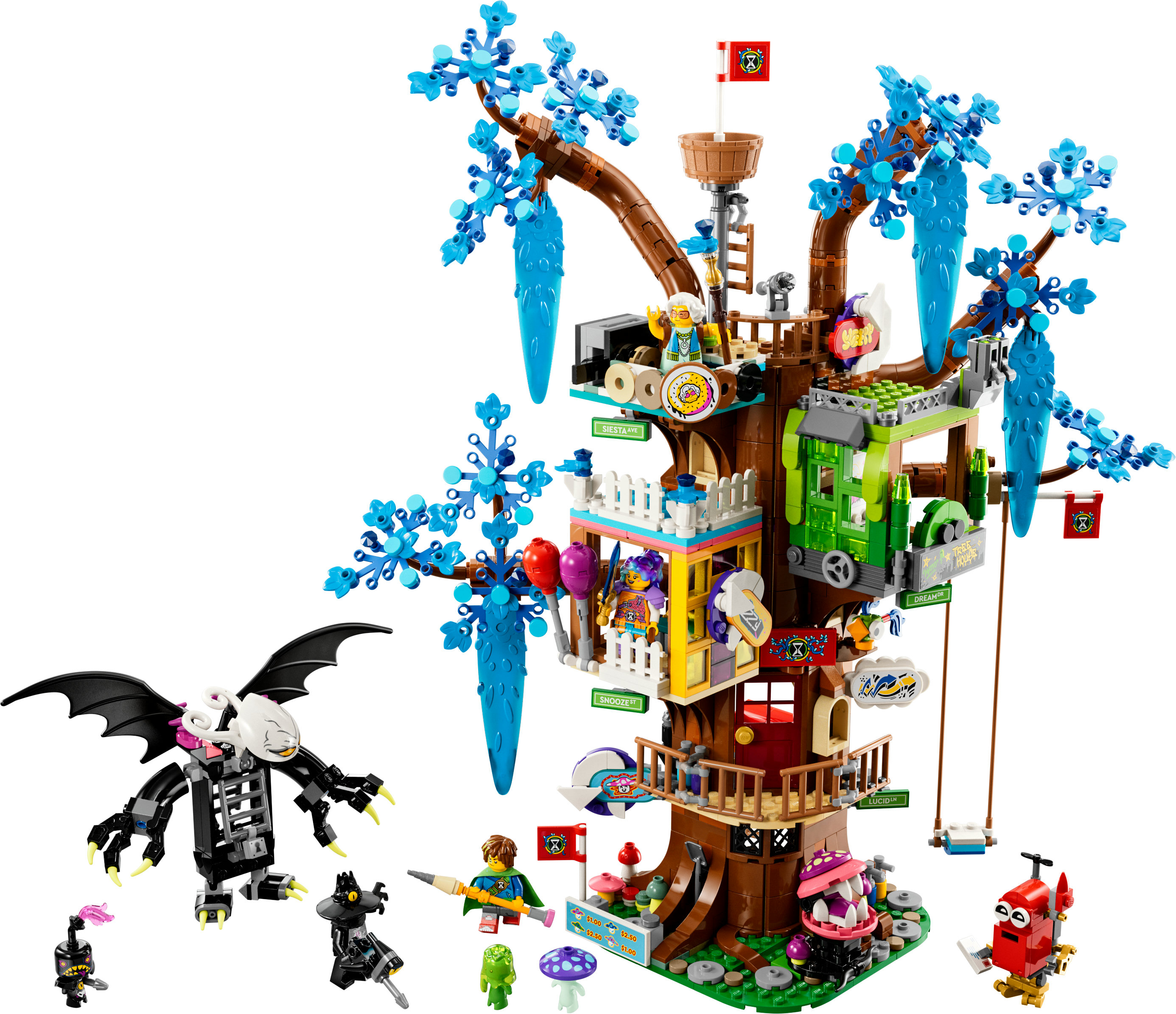 LEGO Ninjago seti. Figürler ve ejderha benzeri bir canavarla büyük bir ağaç ev.