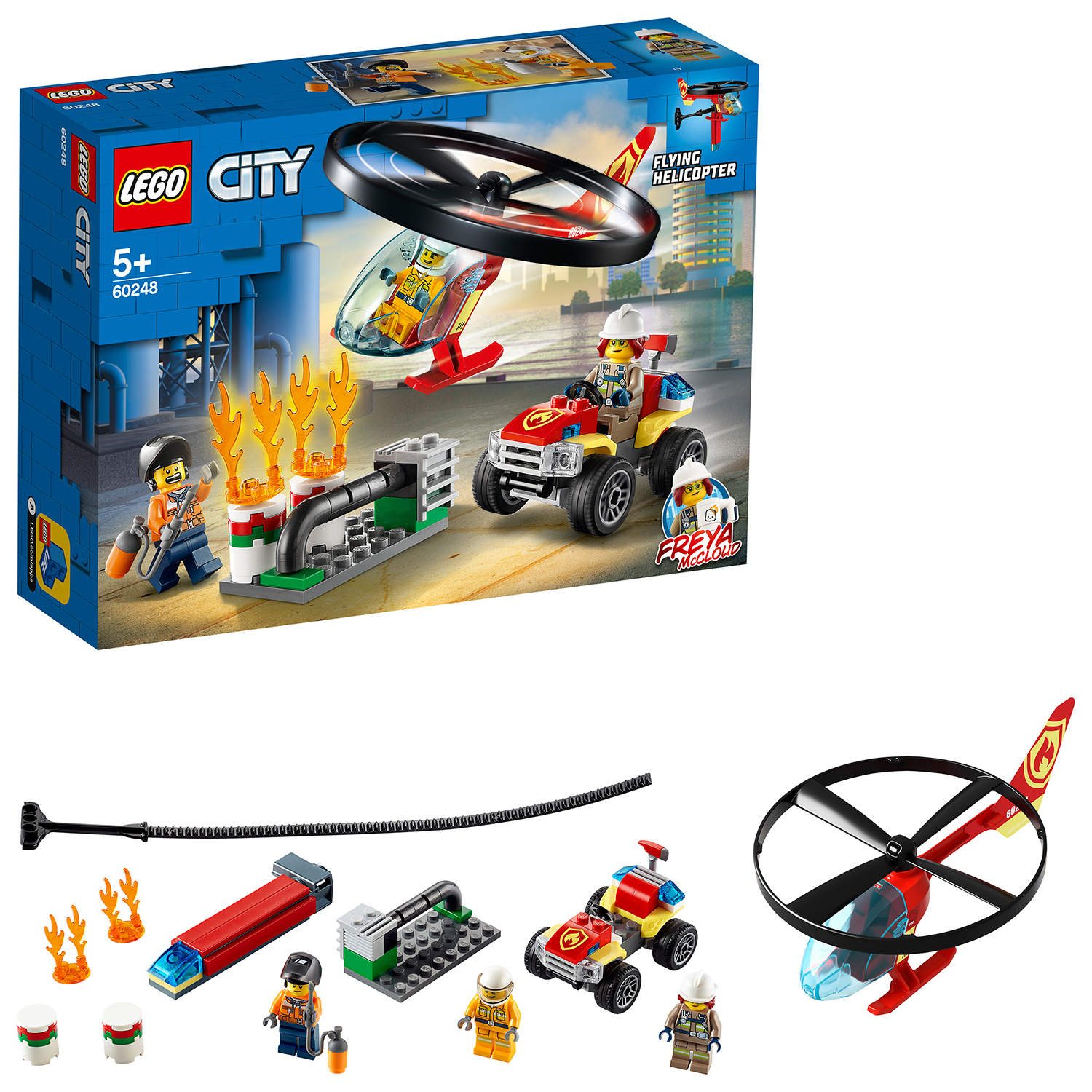 Ein Lego City Set mit einem brennenden Gebäude, einem Hubschrauber und zwei Feuerwehrfiguren.
