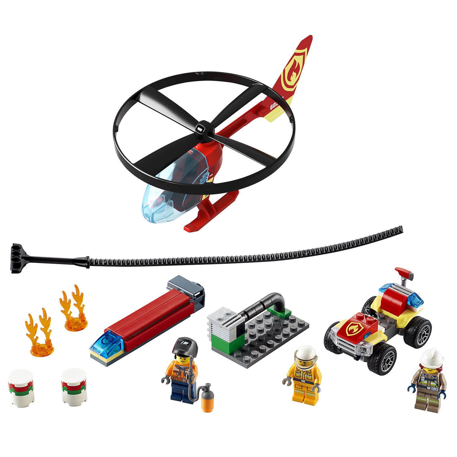 Lego City Feuerwehr-Hubschrauber-Set mit Hubschrauber, Feuerwehrwagen und Minifiguren.