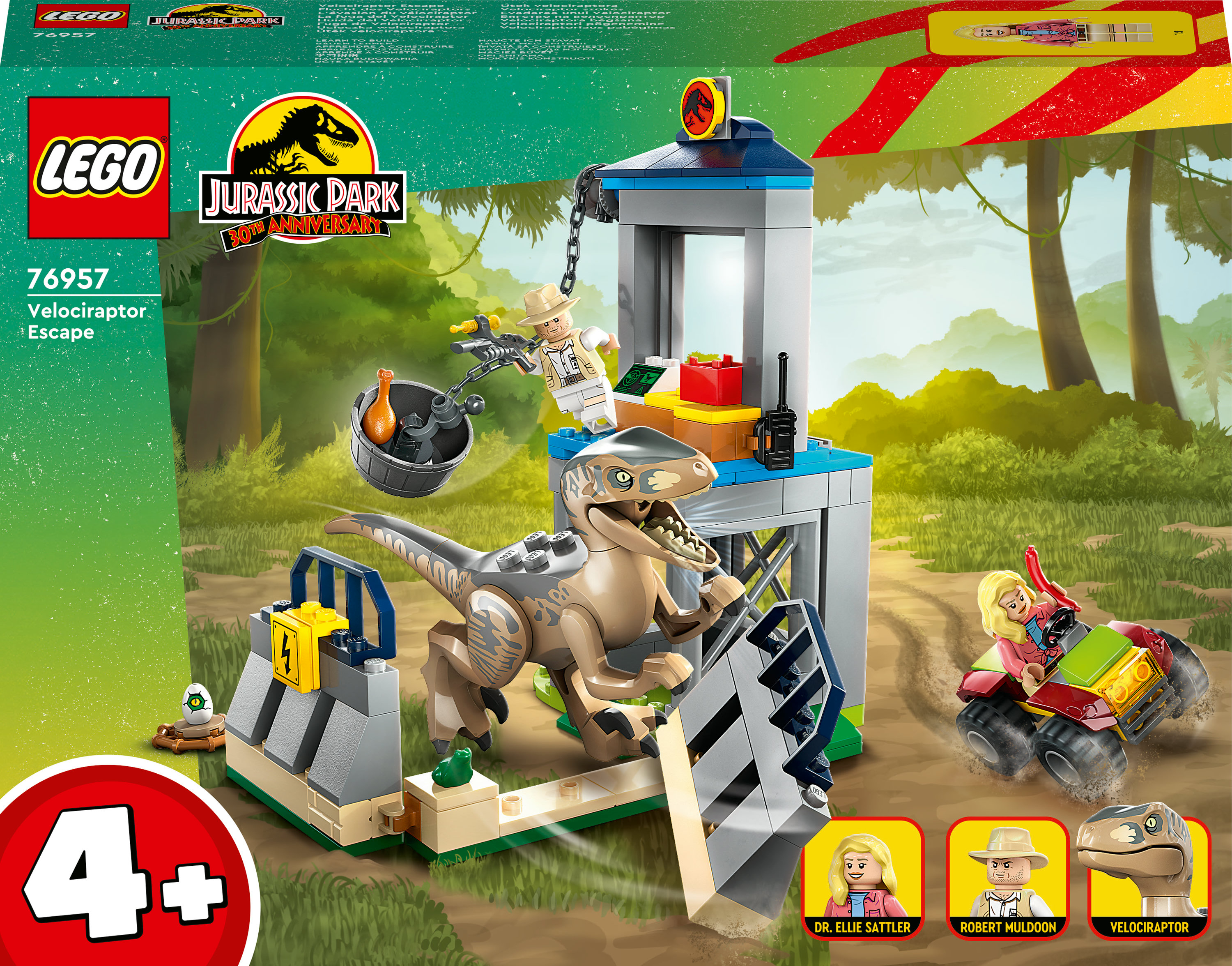 Lego-Set mit Dinosaurier, Gebäude mit Tor und Minifiguren.