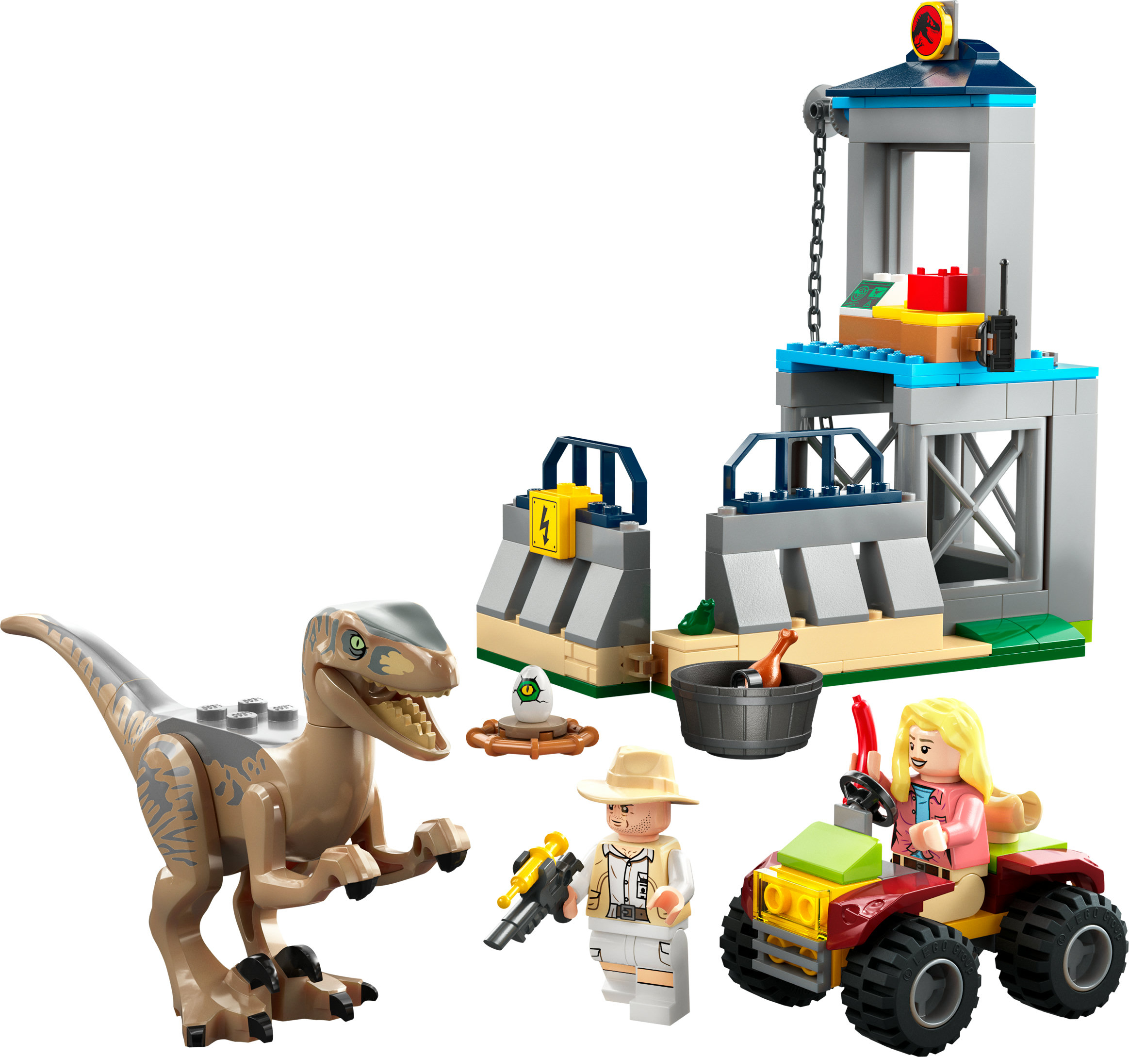 Lego-Set mit einem Raptor, Figuren und Strukturen.