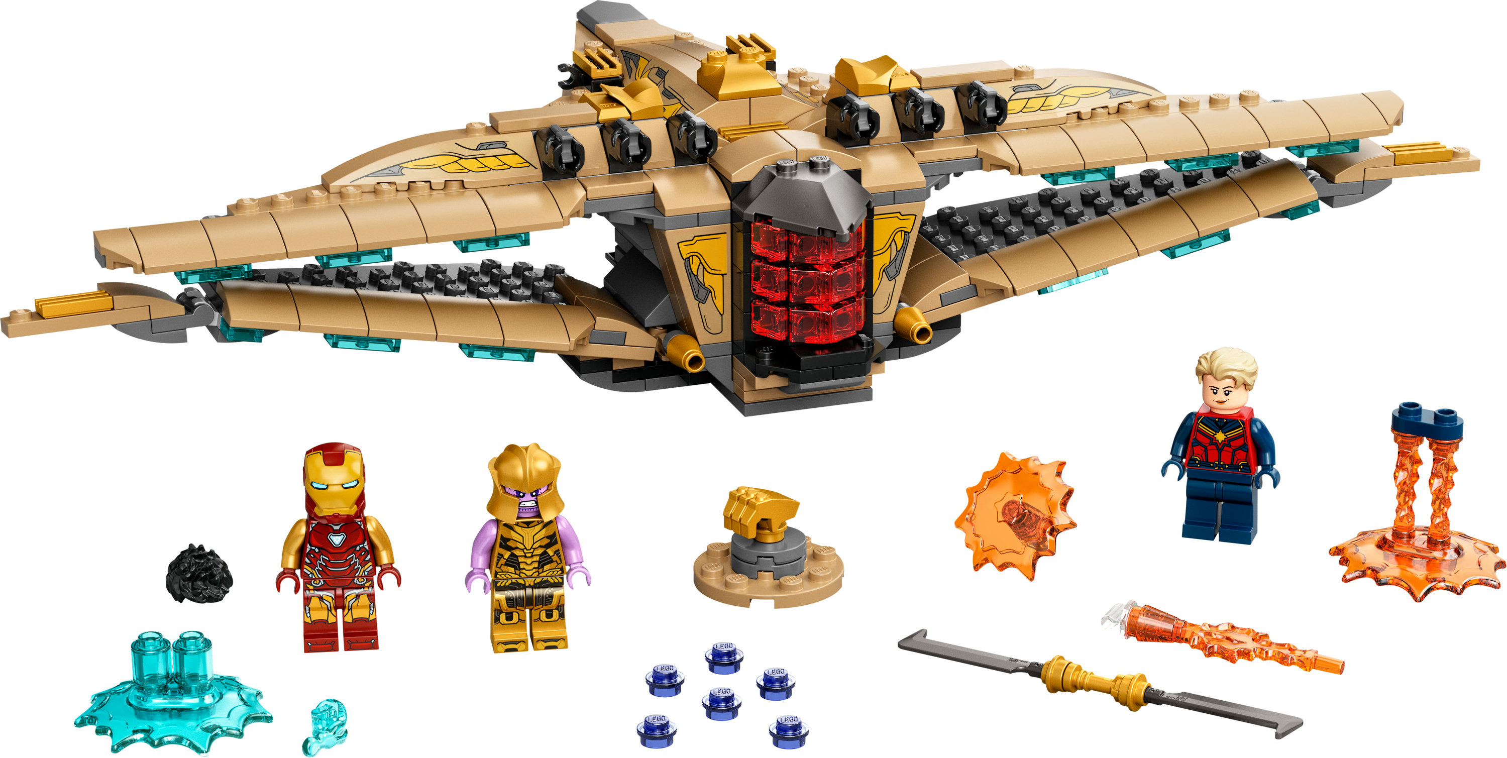 Lego set with a spaceship, Iron Man, Thanos, Captain Marvel, and accessories on a white background.