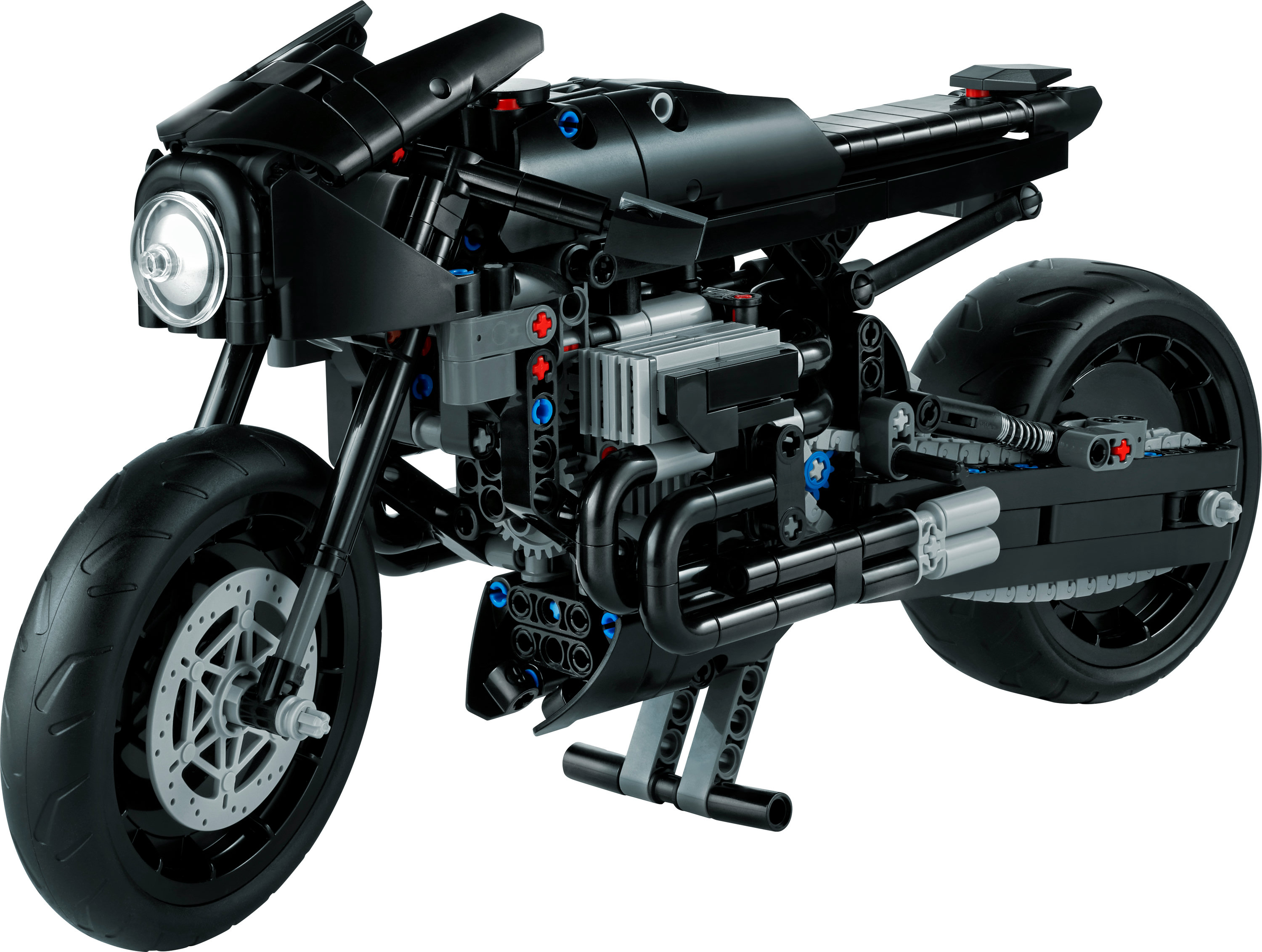 LEGO Technic zwart motorfietsmodel, met een grote koplamp en mechanische details.