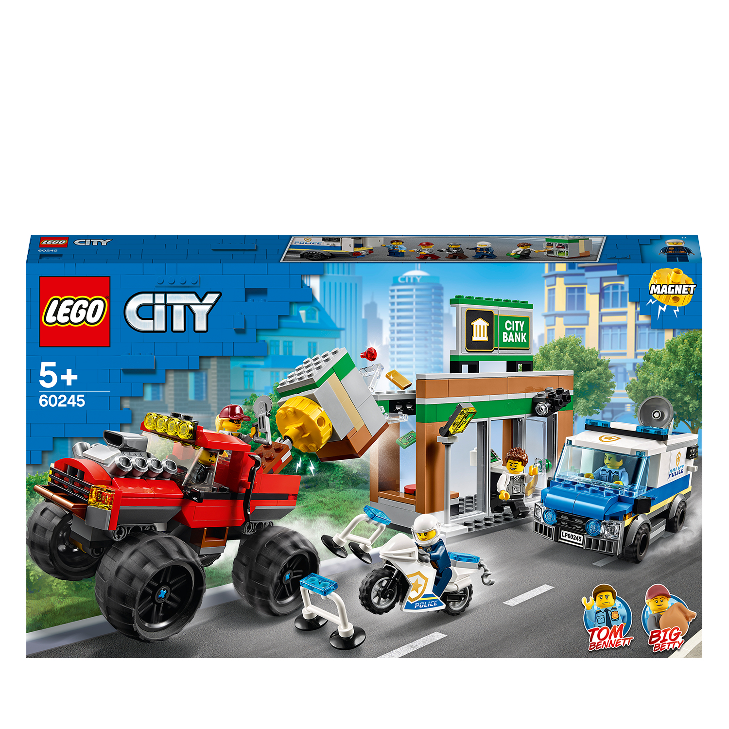 Lego City-Set mit rotem Truck, Polizeiauto, Bank, Motorrad und Figuren in einer Actionszene.