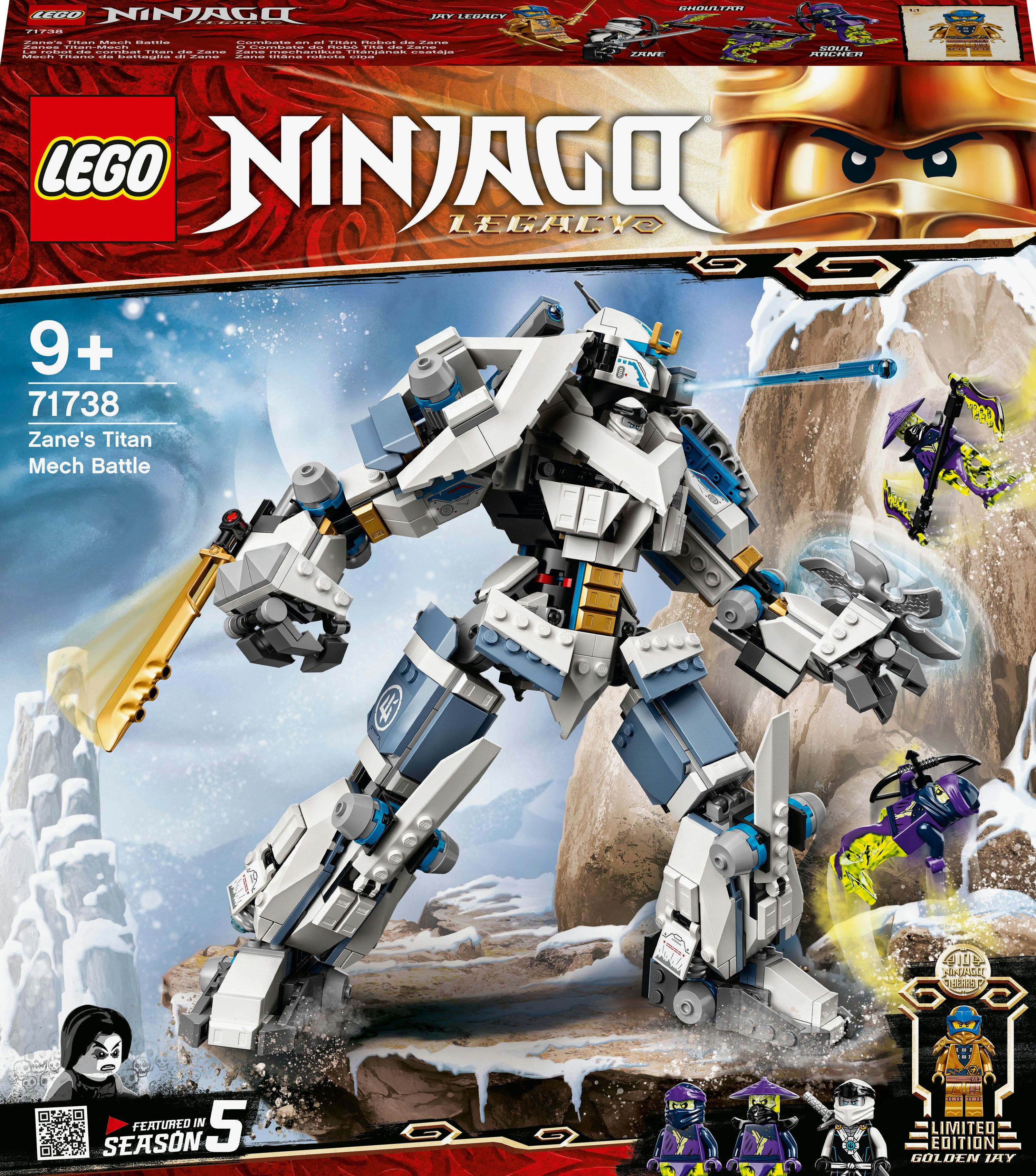 Lego Ninjago Set-Box. Enthält einen großen Mech mit Figuren. Staffel 5 ist zu sehen.