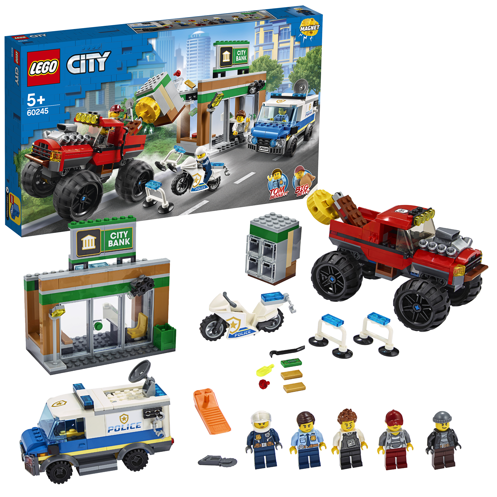 Lego City Bankraubszene mit Bank, Polizeiwagen und Monstertruck. Enthält Minifiguren und Zubehör.
