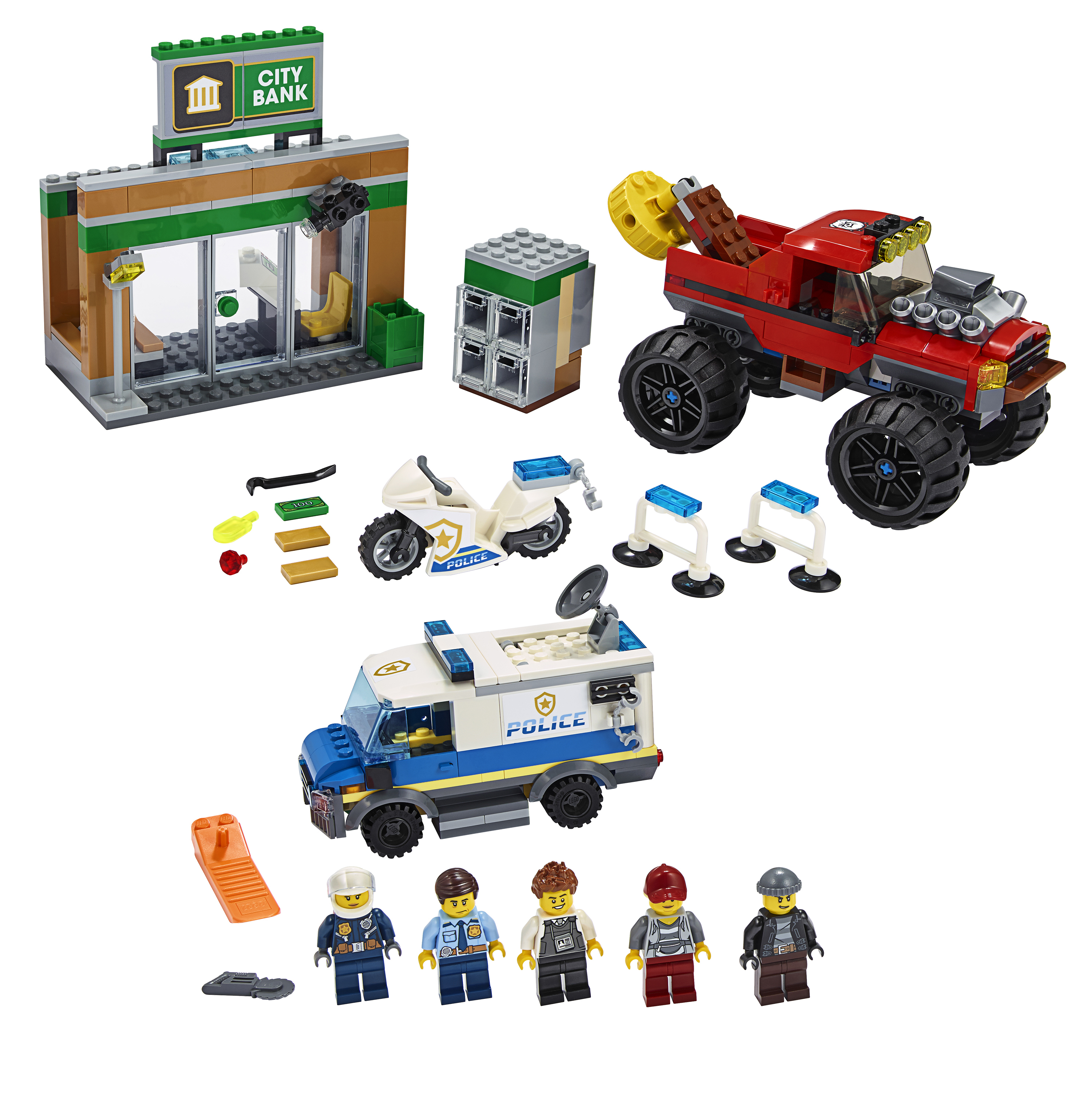 Lego City Set mit Bank, Polizeiwagen, rotem Truck, Motorrad und fünf Minifiguren.