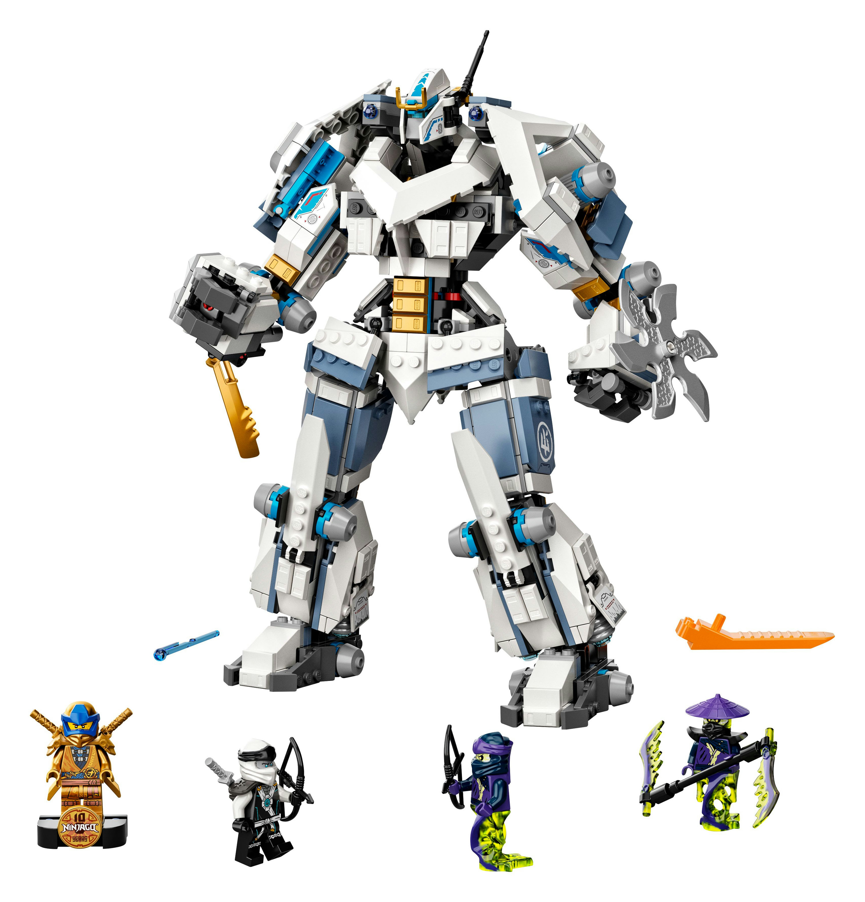 Eine weiße und blaue LEGO Roboterfigur mit mehreren Minifiguren, isoliert auf weißem Hintergrund.