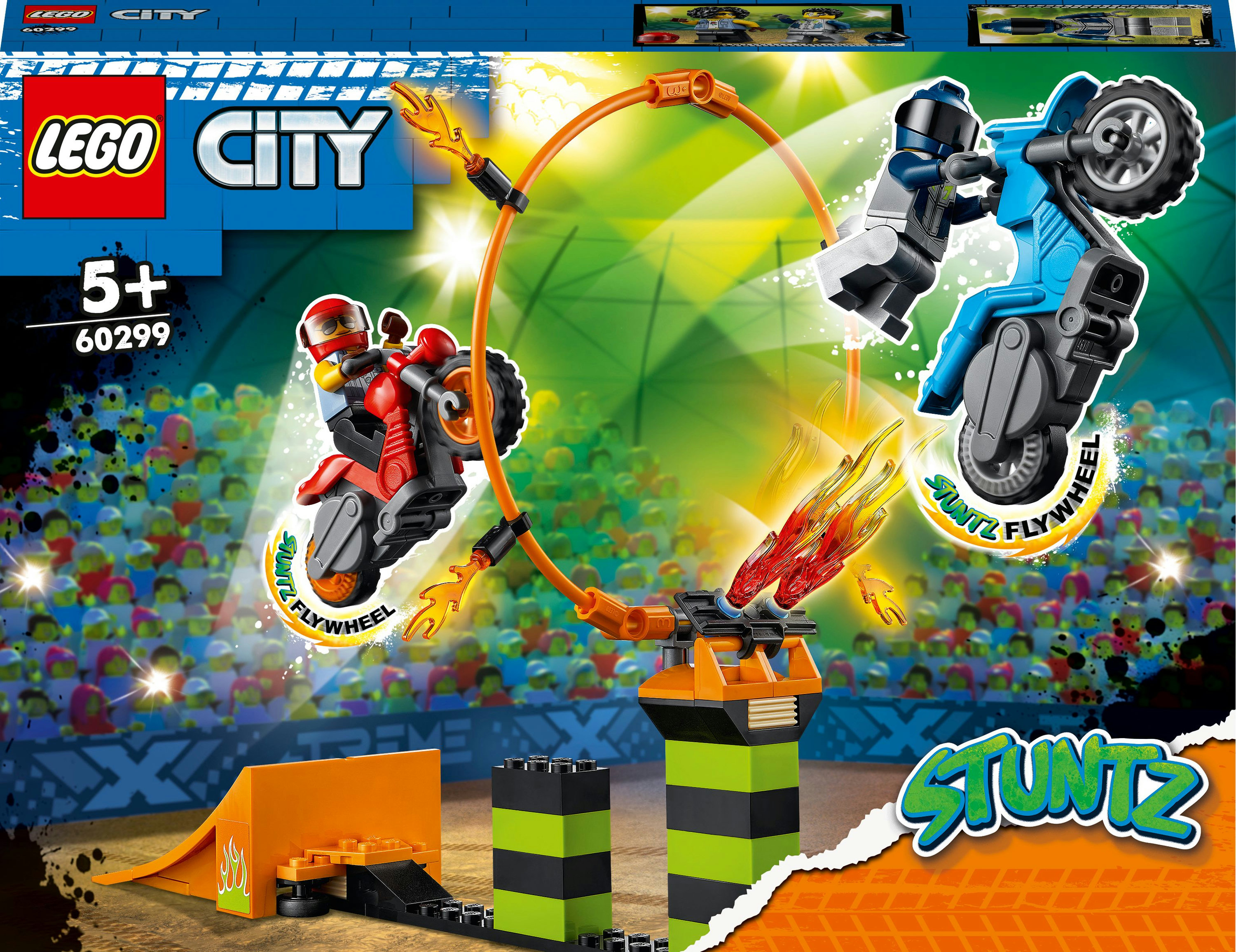 Lego City Stuntz-set met twee motoren, een lus en een helling. Publiek op de achtergrond.