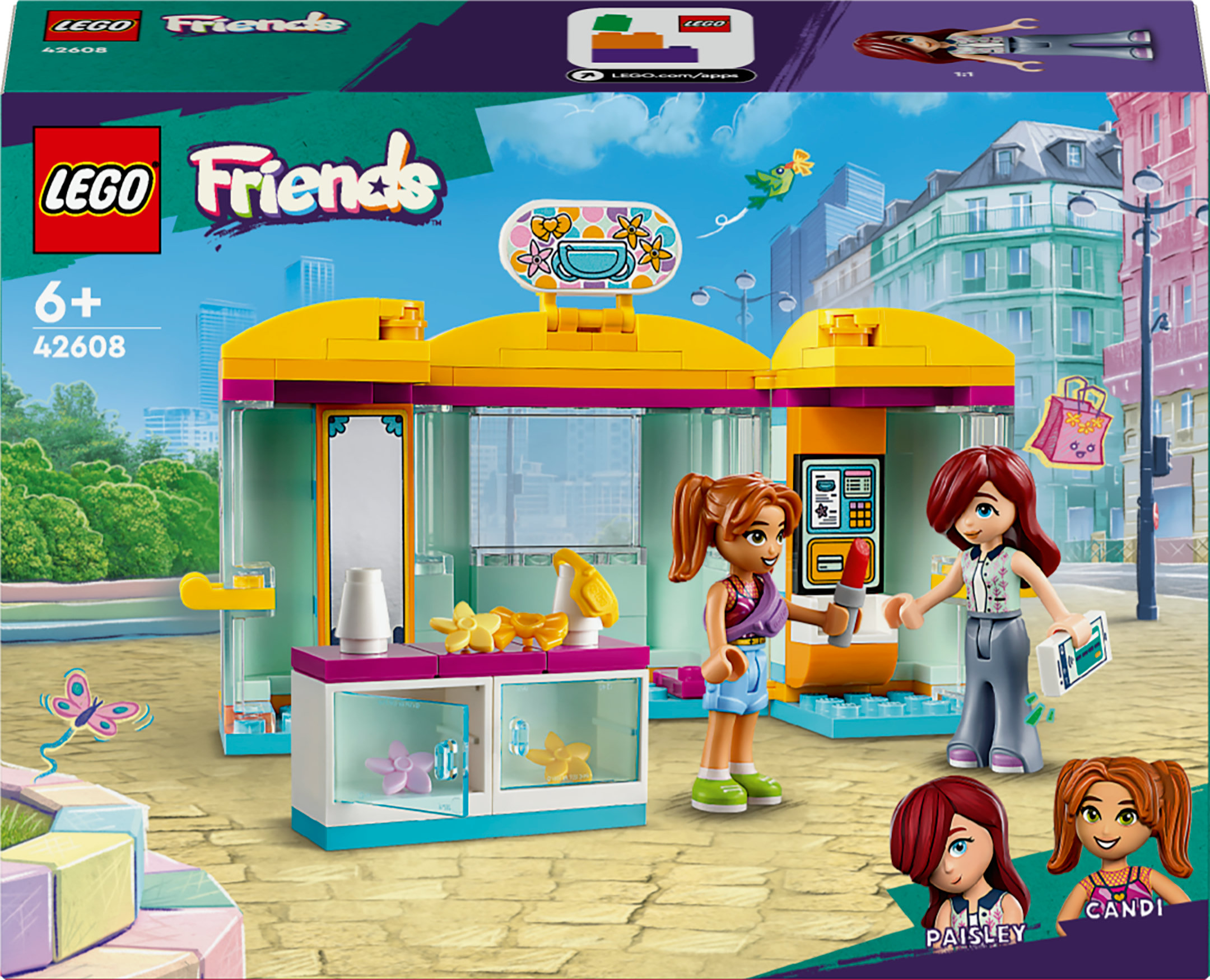 Lego Friends Set-Box: Blumengeschäft, Figuren und eine Straßenszene, auf weißem Hintergrund. Enthält einen Schmetterling.
