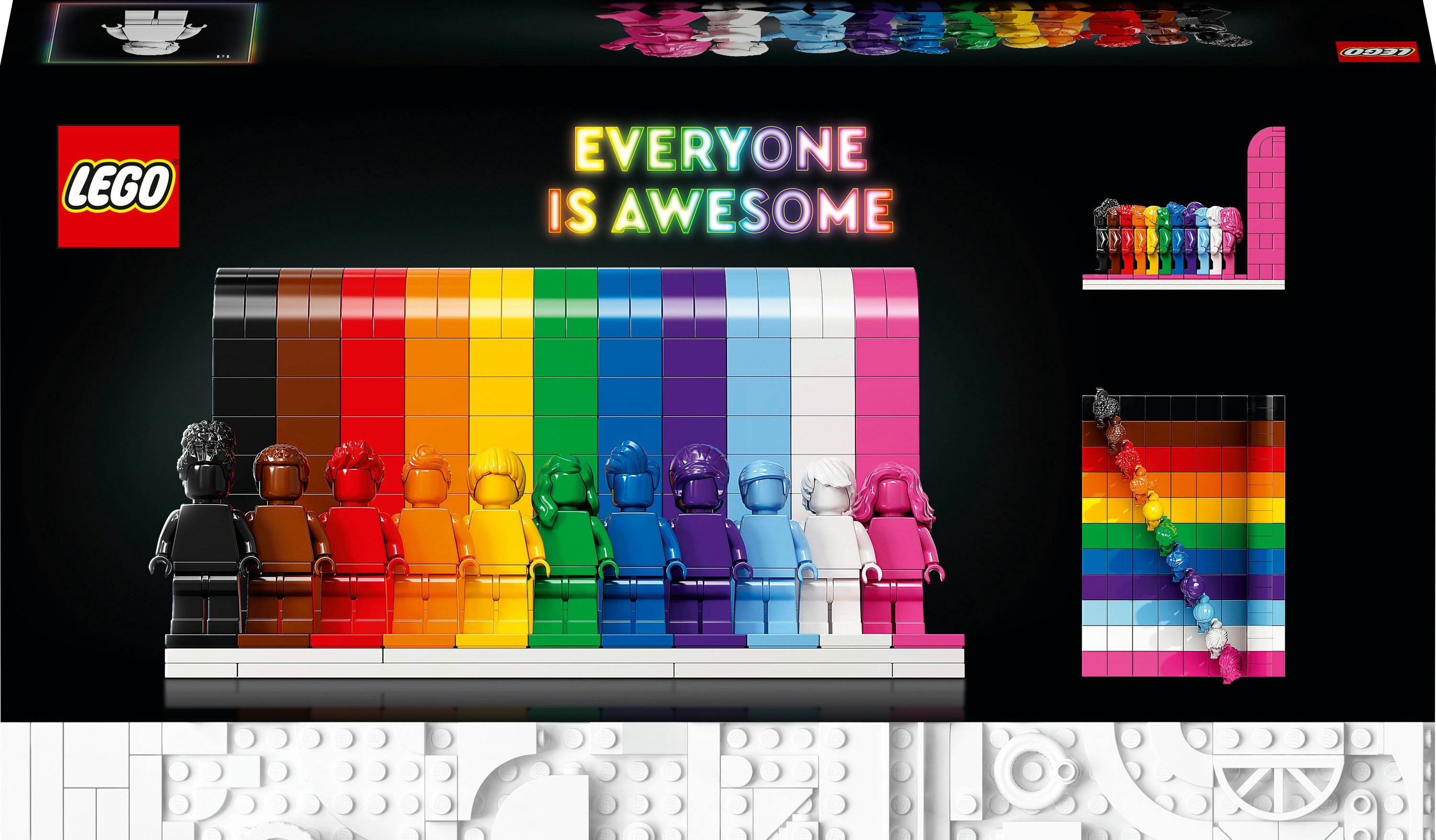 Set Lego. Uno sfondo nero con la scritta 'Everyone Is Awesome'. Minifigure su un display arcobaleno.