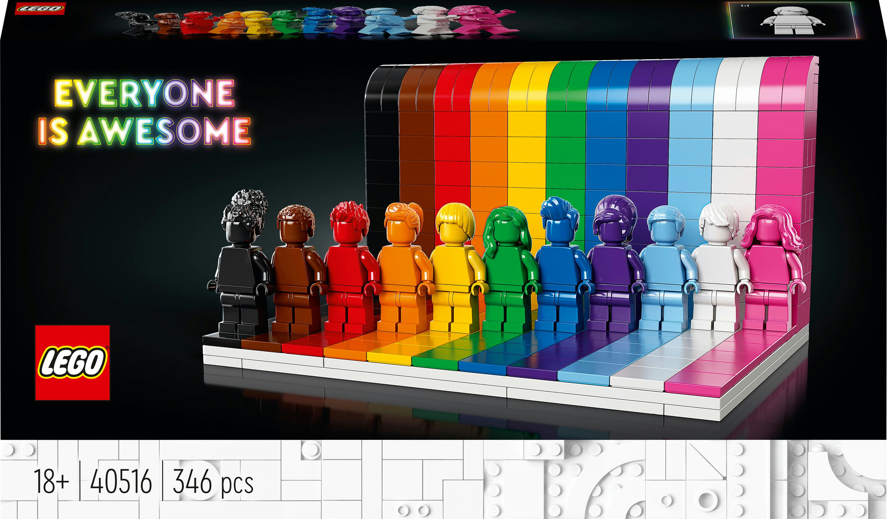 Un set Lego con varie figure Lego colorate su una base arcobaleno, con la parola 'AWESOME'.