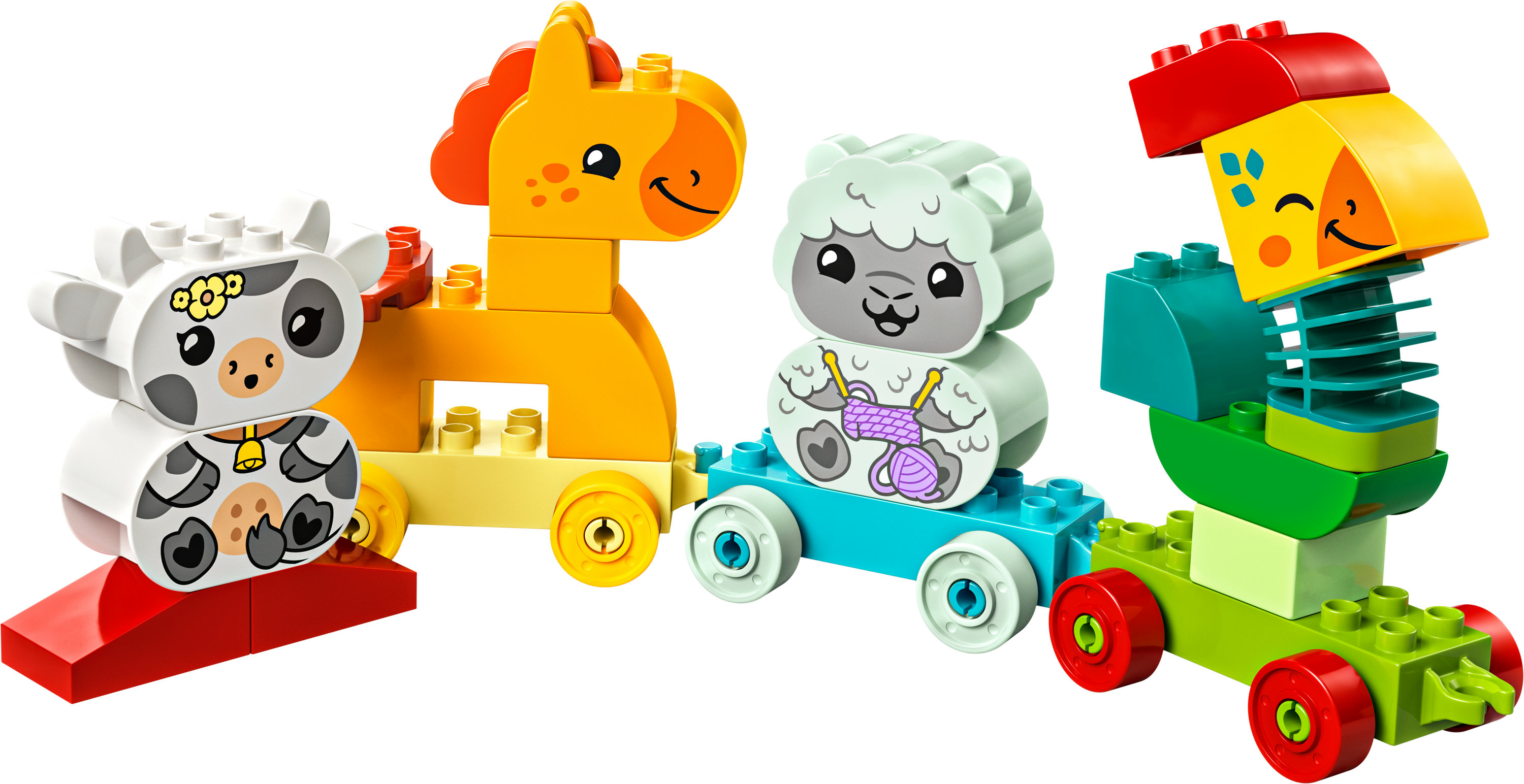 Zestaw pociągu Lego Duplo z figurkami zwierząt. Krowa, koń, owca i ptak. Wagony z kolorowymi klockami.