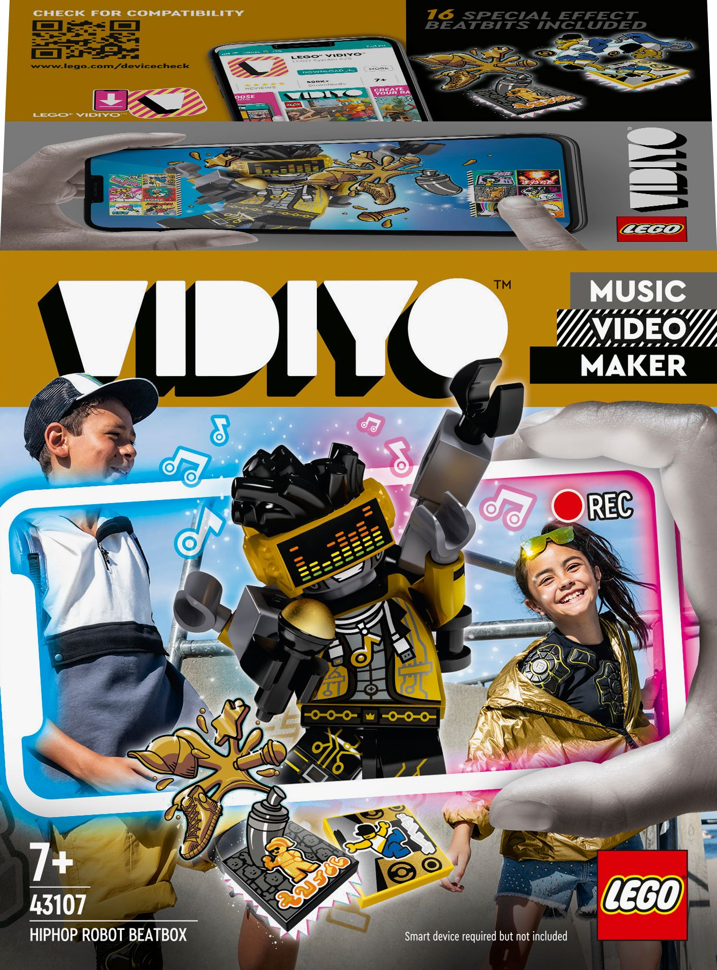LEGO-Box mit einem Jungen und einem Mädchen, die eine Kamera, Roboter und Beatbox halten. Die Box ist bunt.