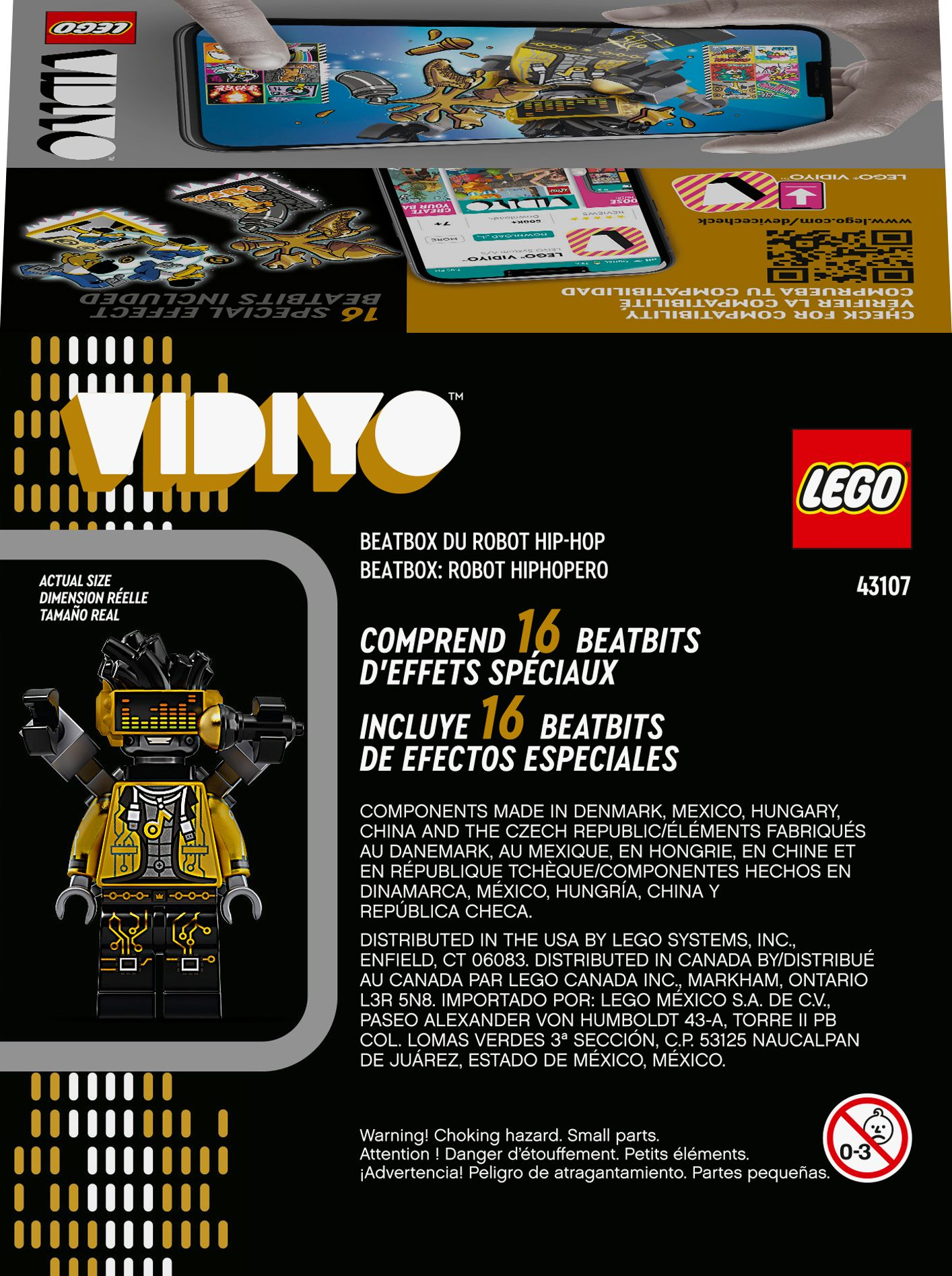 LEGO VIDIYO-Box mit Roboterfigur, Telefon mit App und Text.