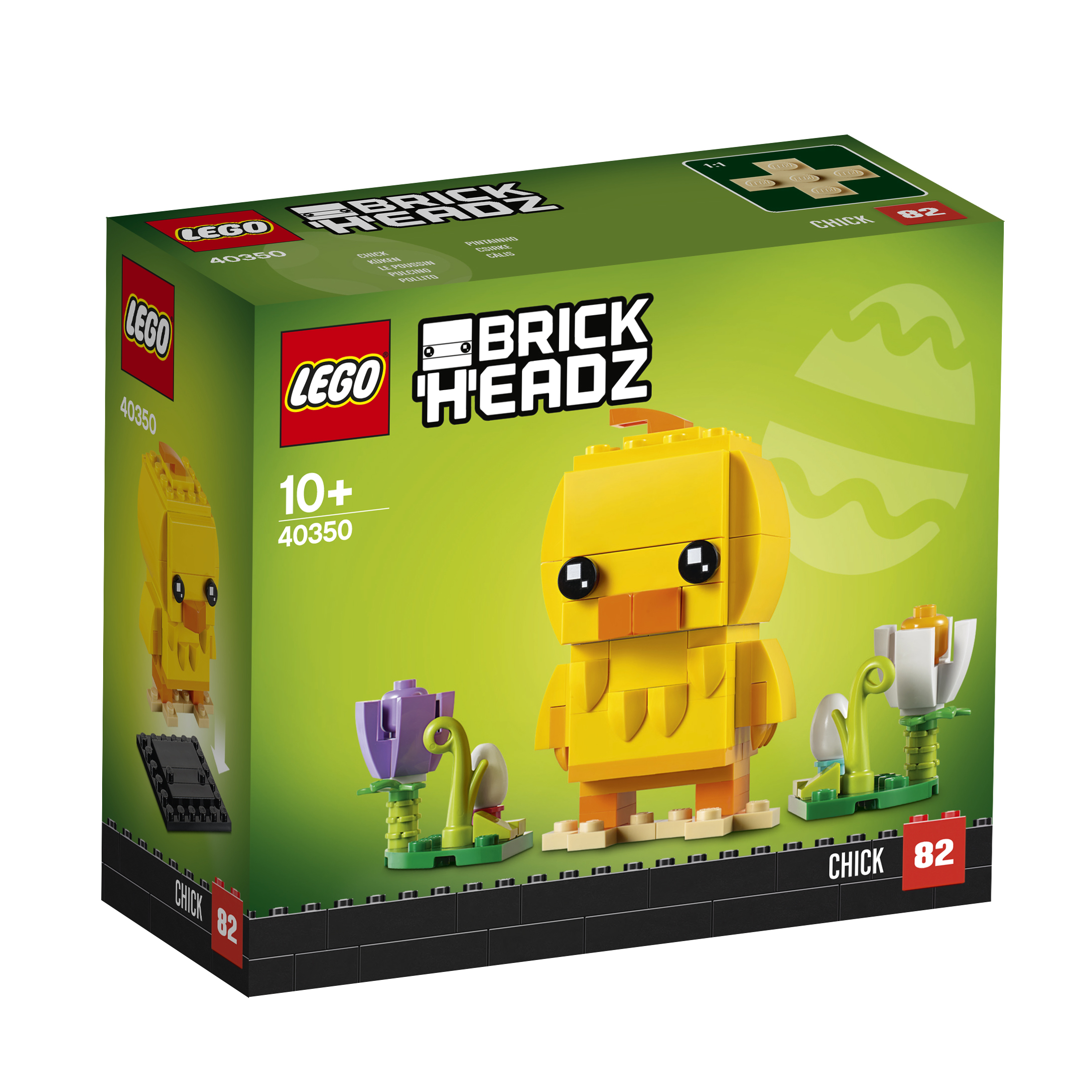 Lego BrickHeadz Küken Set mit gelbem Küken, Blumen und einer Box mit dem Bild des Sets.
