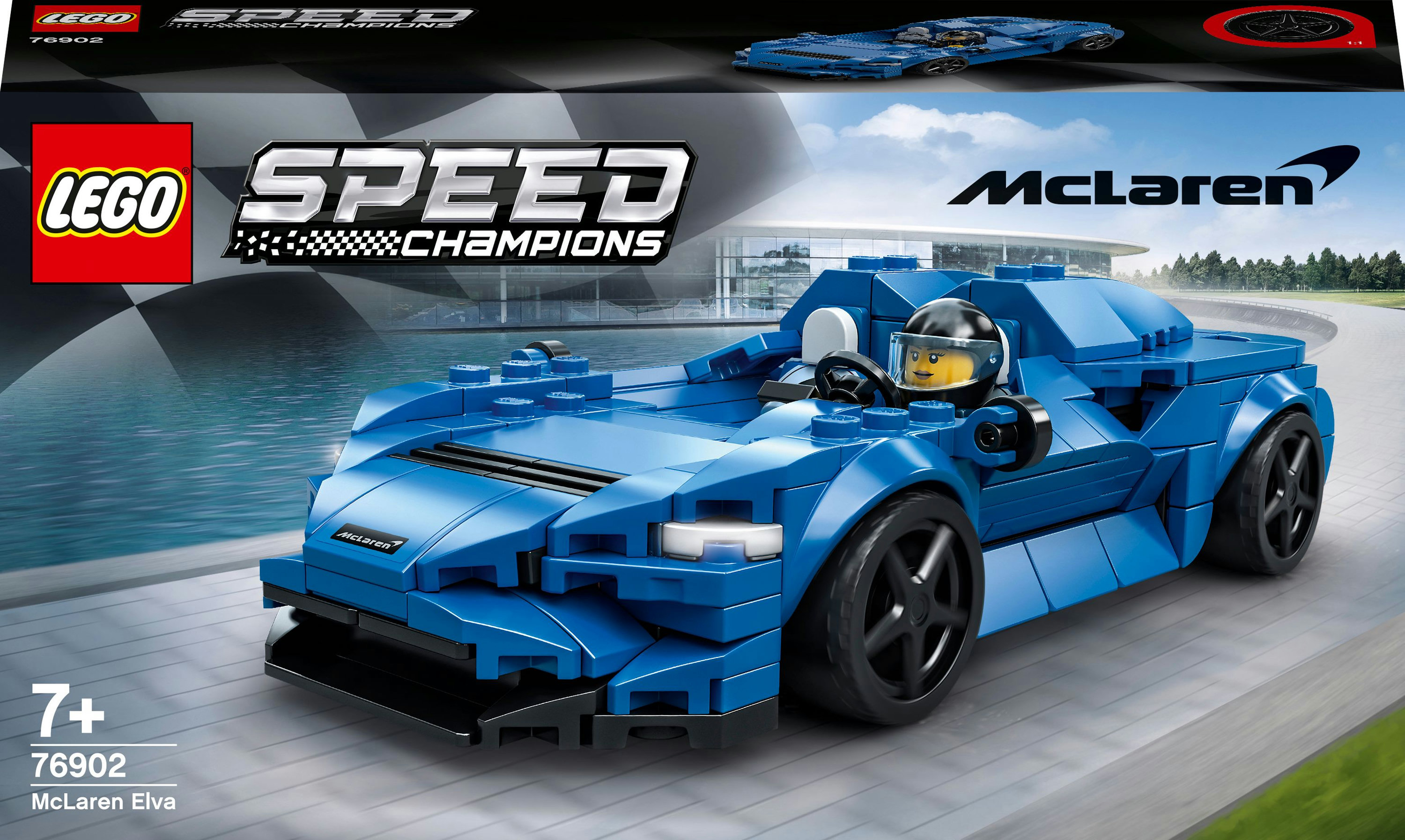 Lego Speed Champions kutusu. Mavi McLaren Elva araba ve sürücü. Logo ve 7+ yaş aralığı görünür.