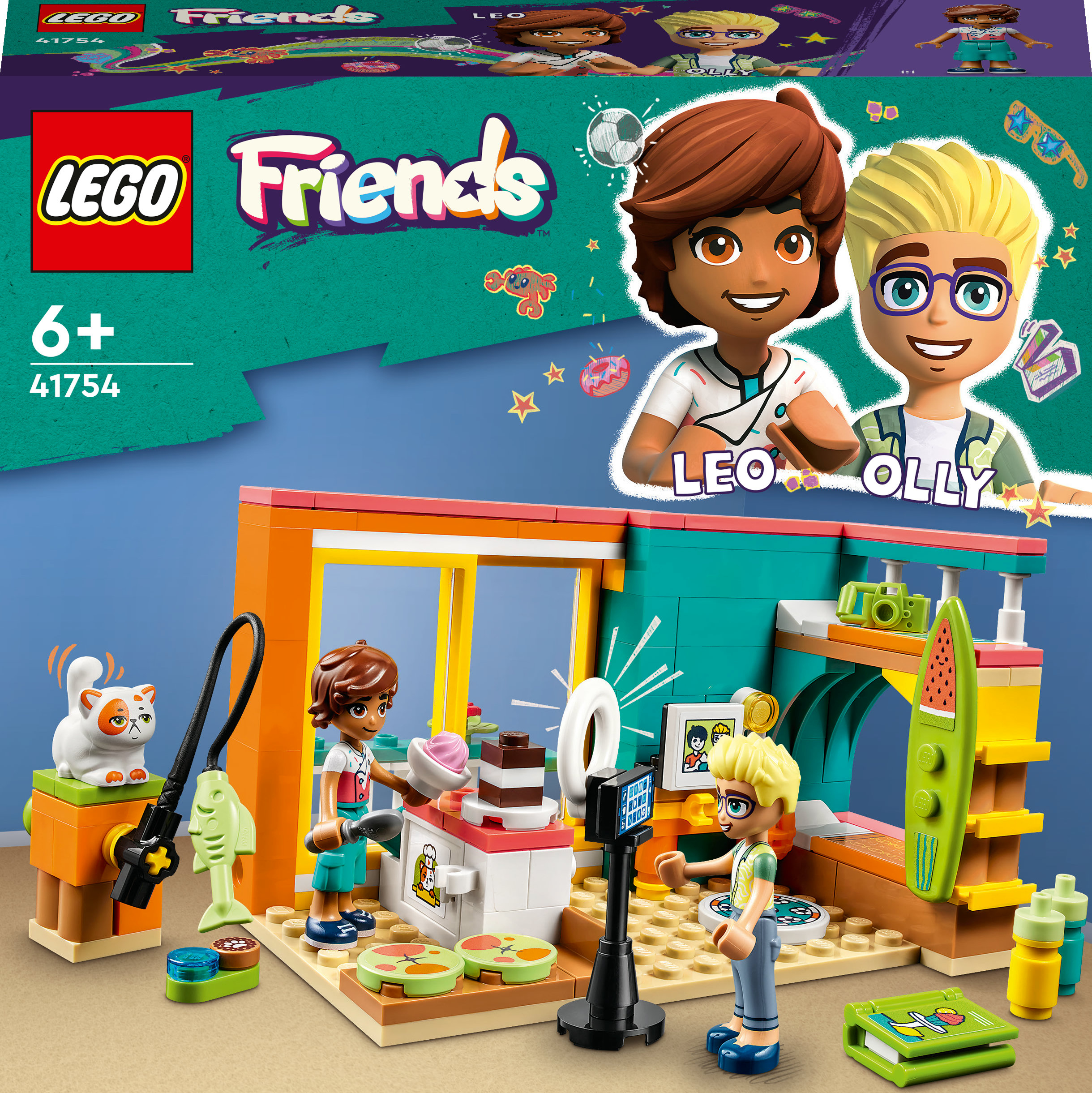 Un ensemble Lego Friends avec une scène de cuisine, avec deux filles, un chat et divers éléments de cuisine et de tournage.