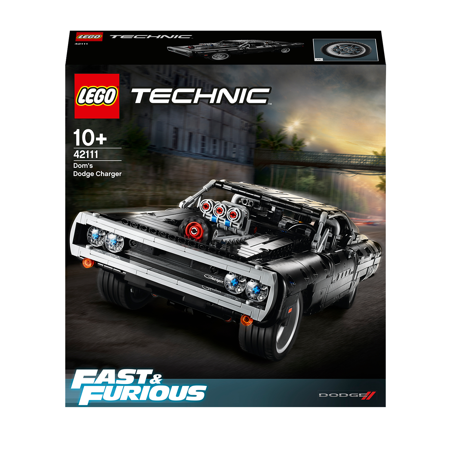 LEGO Technic Set eines schwarzen Dodge Charger. Box zeigt das montierte Auto mit Motordetails und Logos.