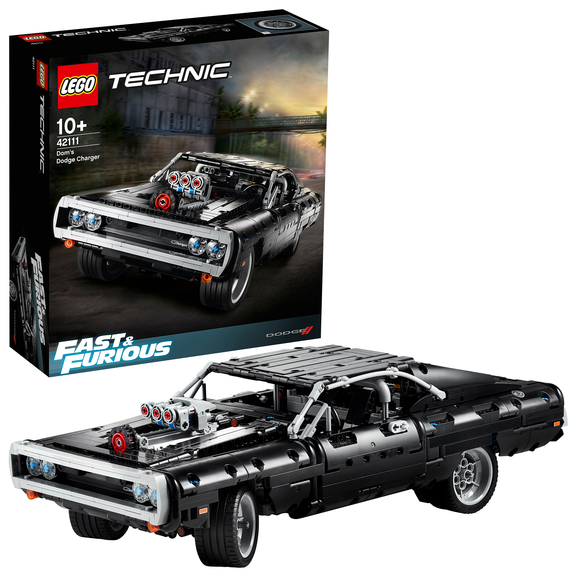Lego Technic Dom's Dodge Charger Set mit schwarzem Auto und Box-Art, die das Auto zeigt.